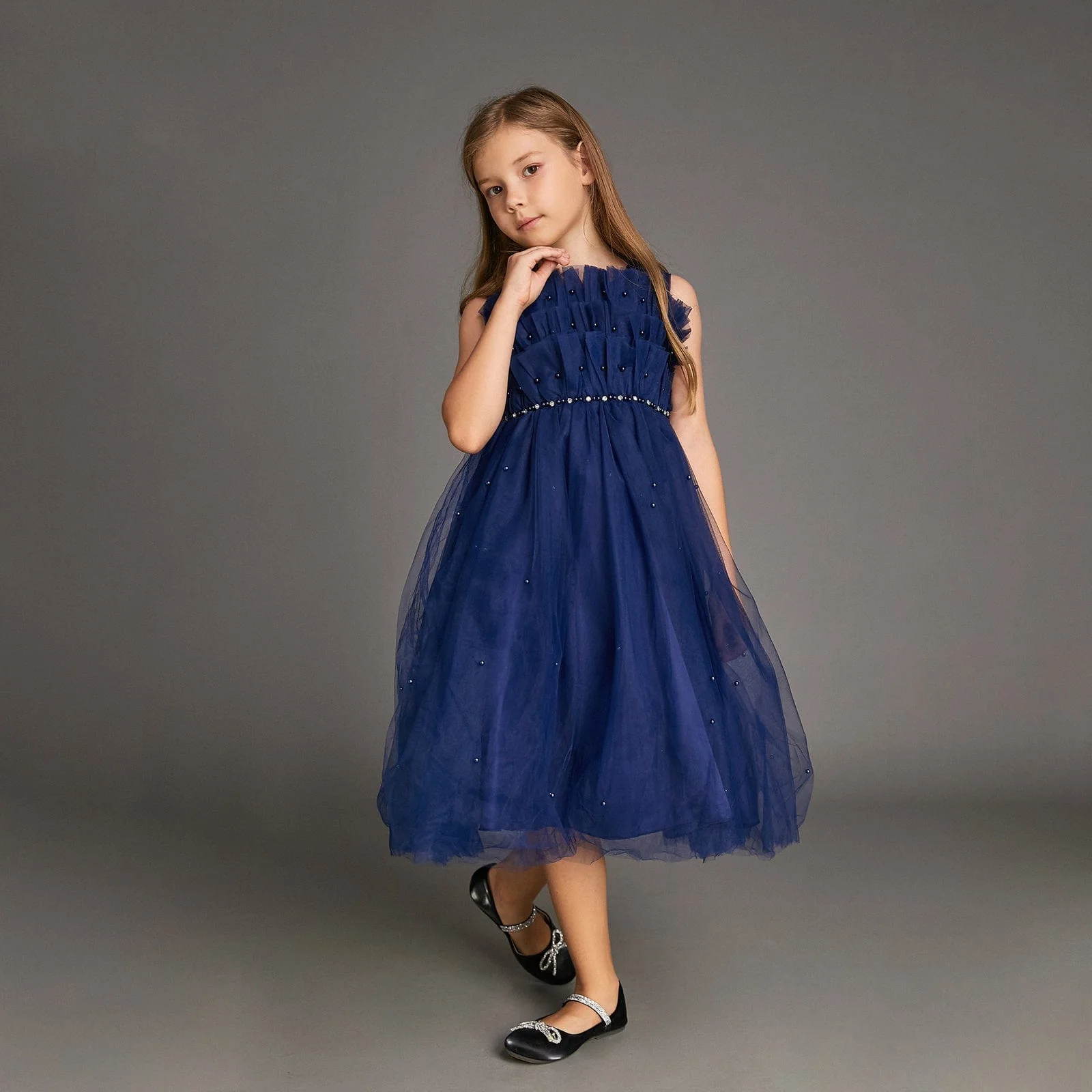 Kids Girls Midnight Blue Strapless Ruffled Pearl-Embellished Tulle Maxi Party Dress - Image 8