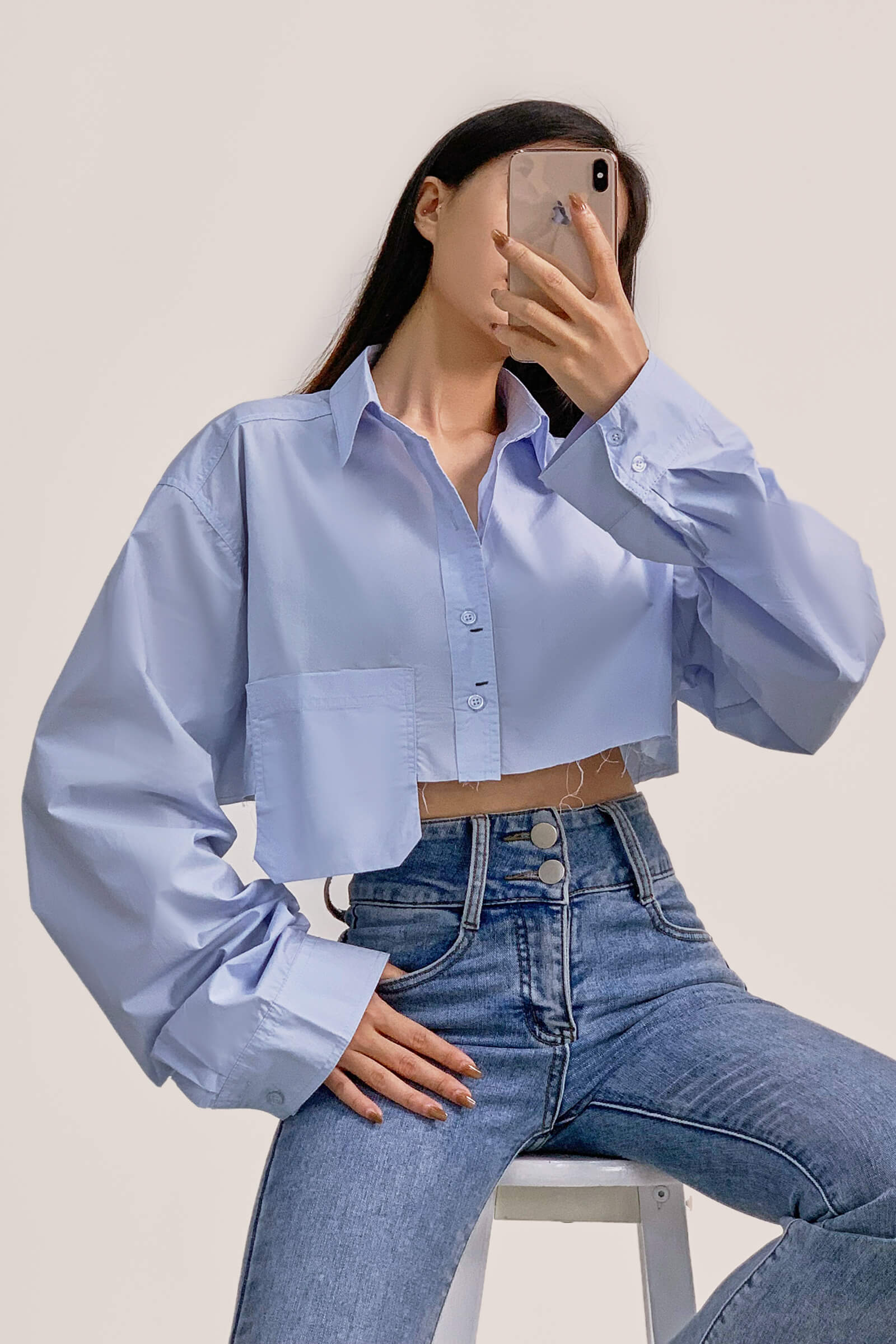 Light Blue Pocket Detail Cropped Shirt - Image 10