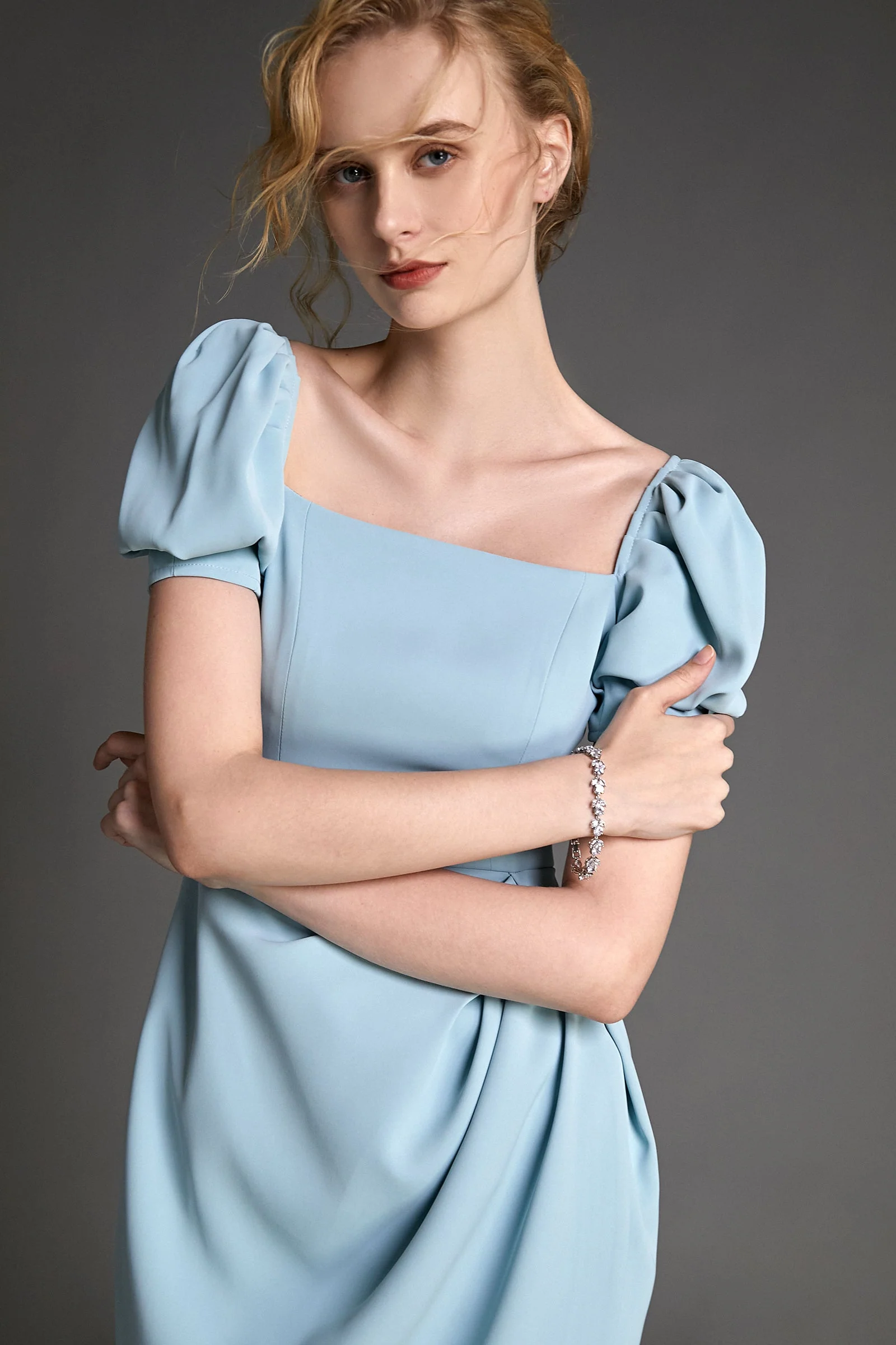 Light Blue Square Neck Puff Sleeve Mini Dress - Image 3