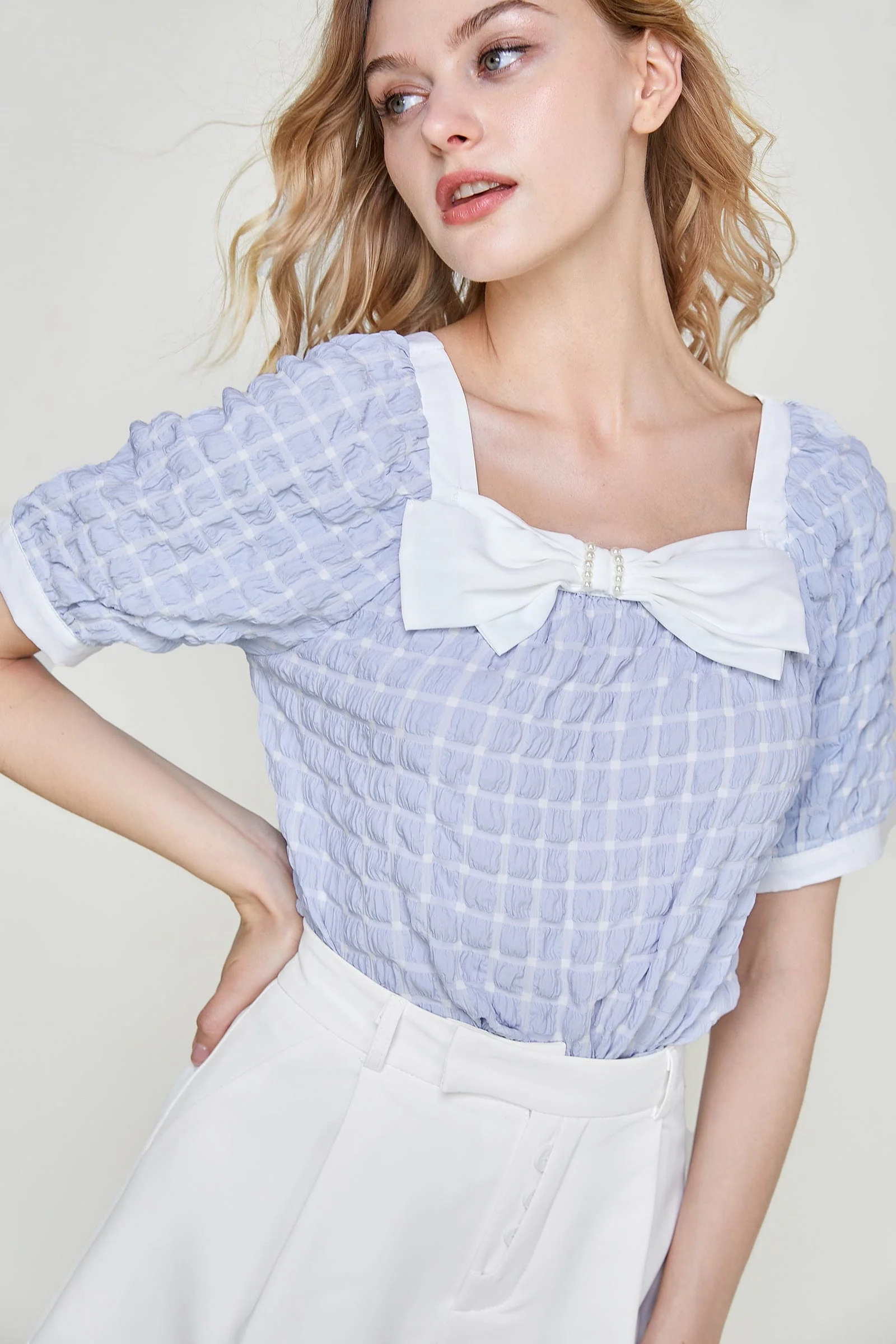 Light Sky Blue Square Neck Bow-Embellished Textured Blouse - Image 6
