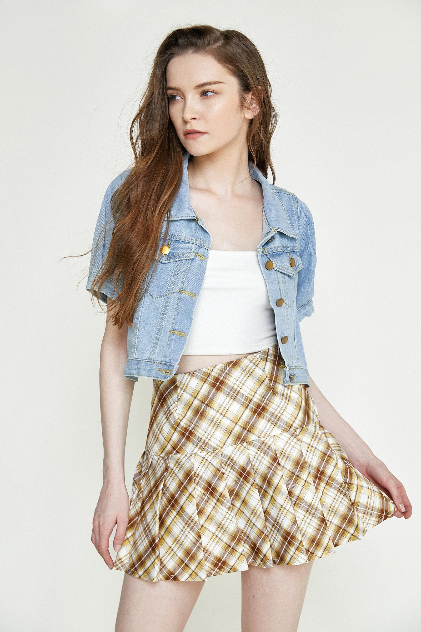 Light Slate Gray Puff Sleeve Pocket Detail Cropped Denim Jacket - Image 5