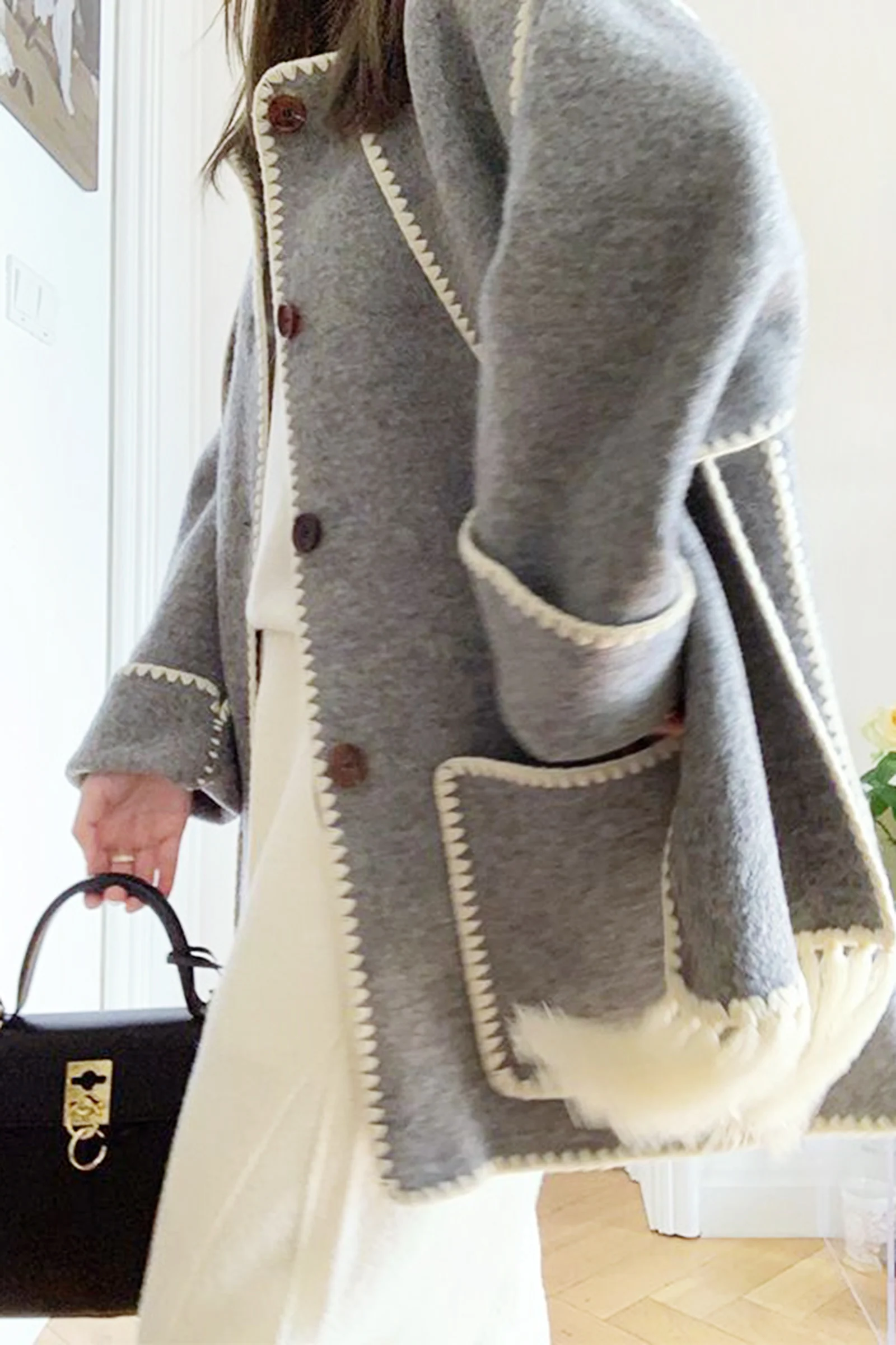 Light Steel Blue Contrast Drop Shoulder Wool-Blend Tweed Coat with Scarf - Image 2