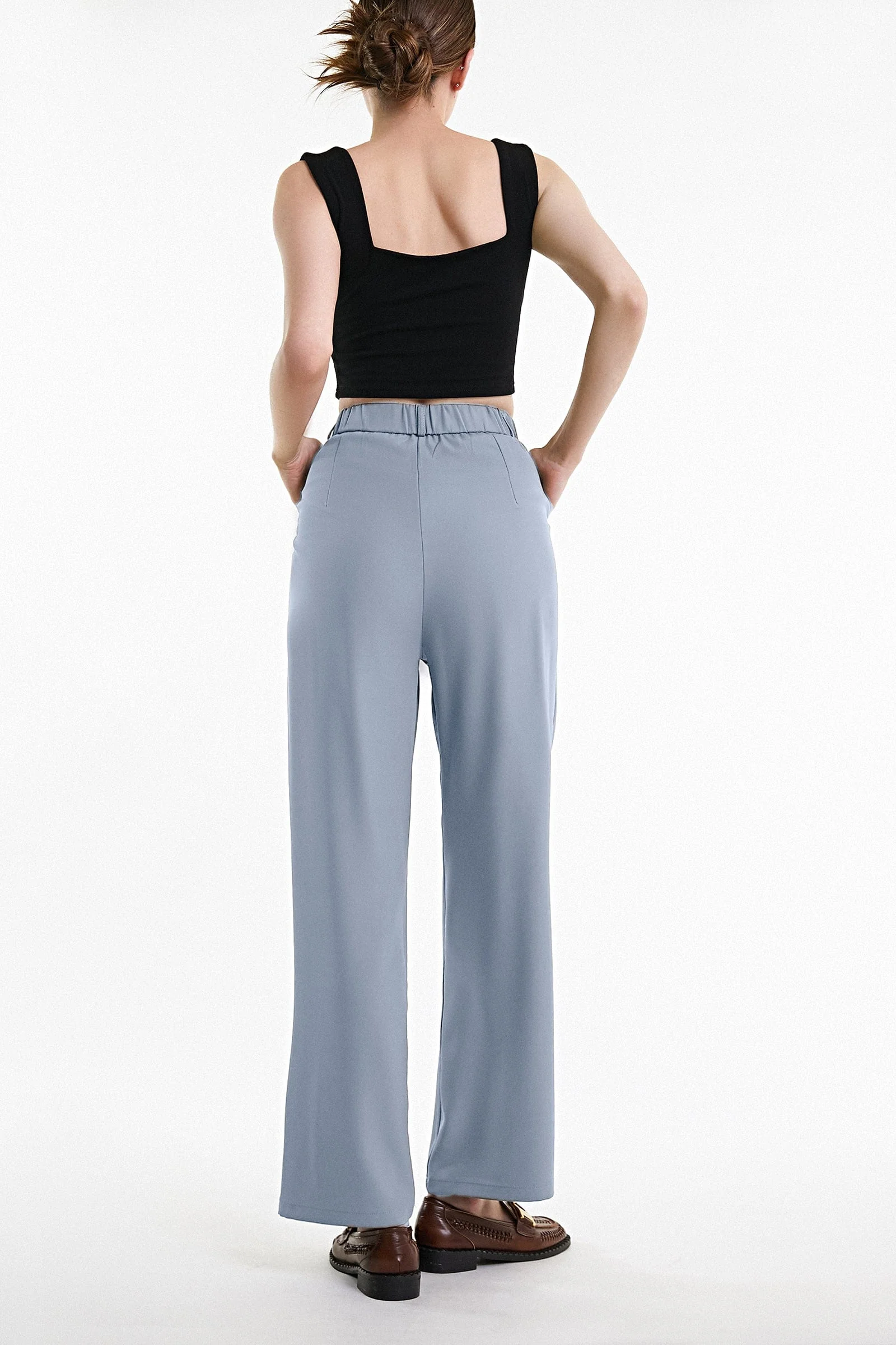 Light Steel Blue Half Elastic Pleat Detail Wide Leg Suit Pants - Image 5