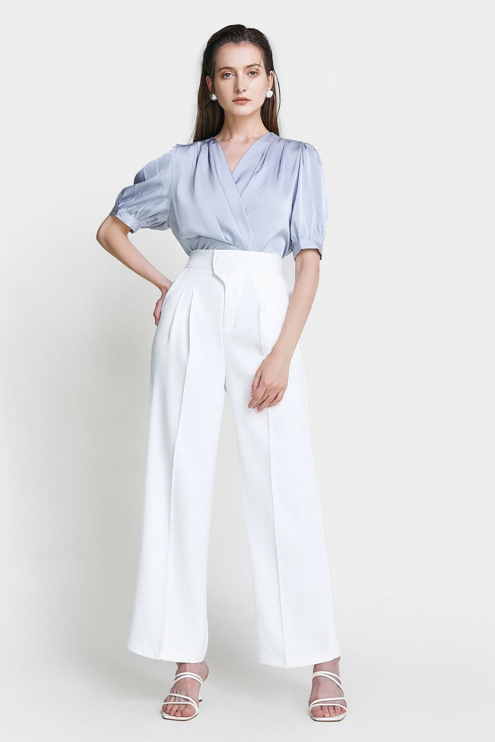 Light Steel Blue Surplice Neck Ruched Blouse - Image 2
