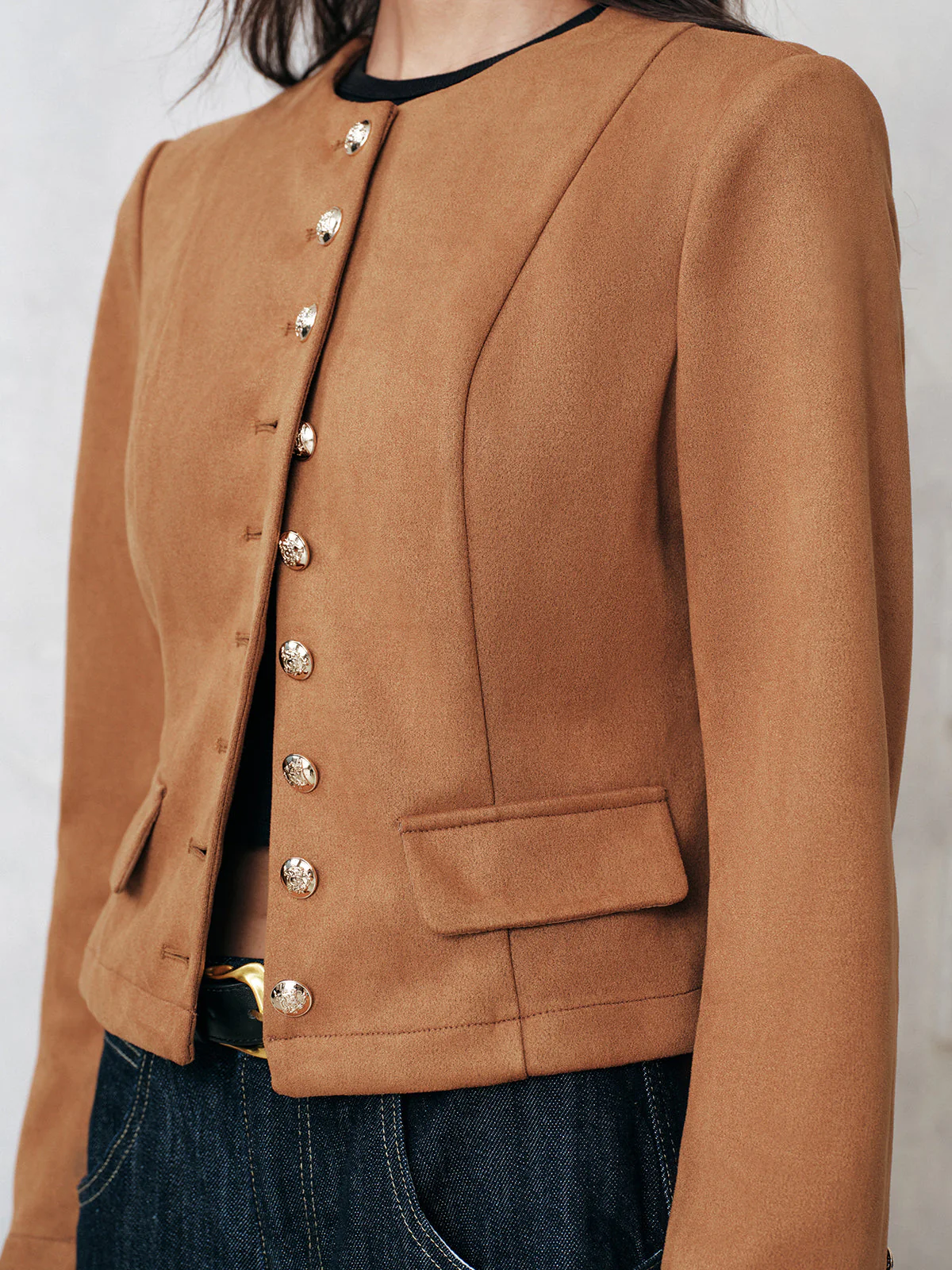 Metal Button Suede Jacket - Image 4