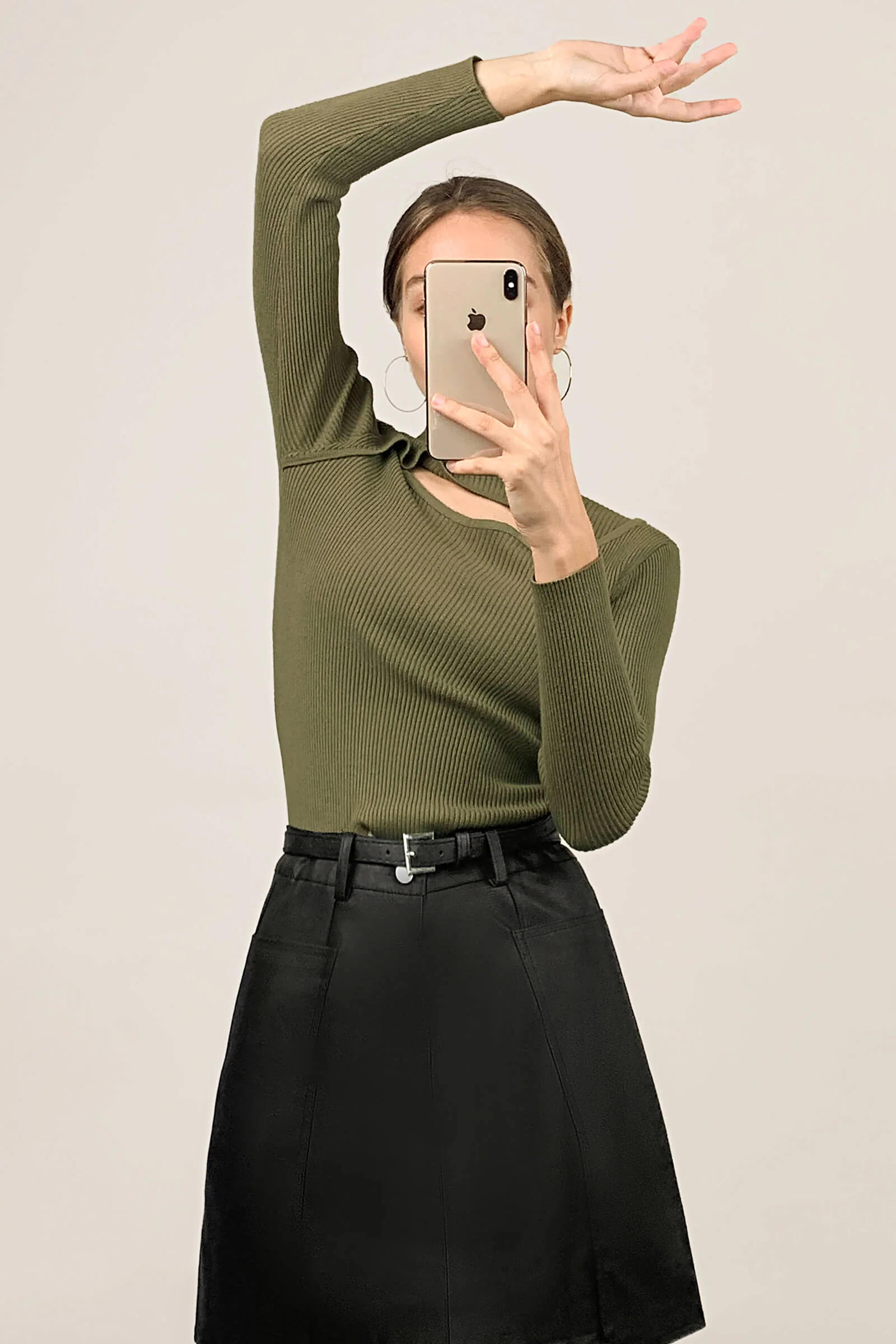 Olive Mock Neck Front Cut Out Ribbed Knit Sweater - Image 6