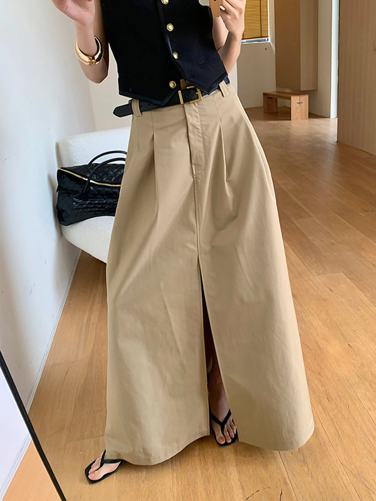 Oversized Cotton Split Maxi Skirt Without Belt - Image 5