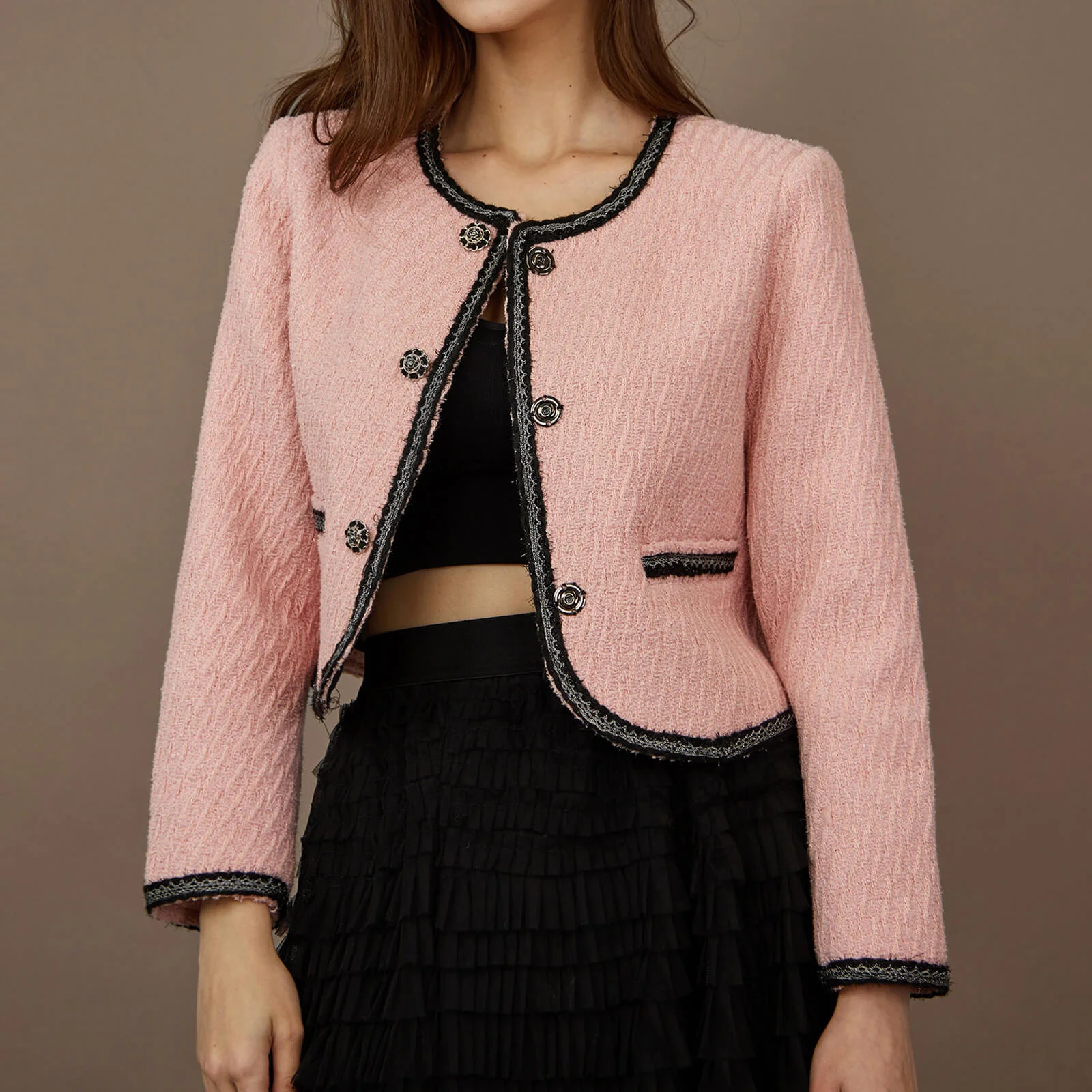 Pink Contrast Trim Tweed Jacket - Image 10
