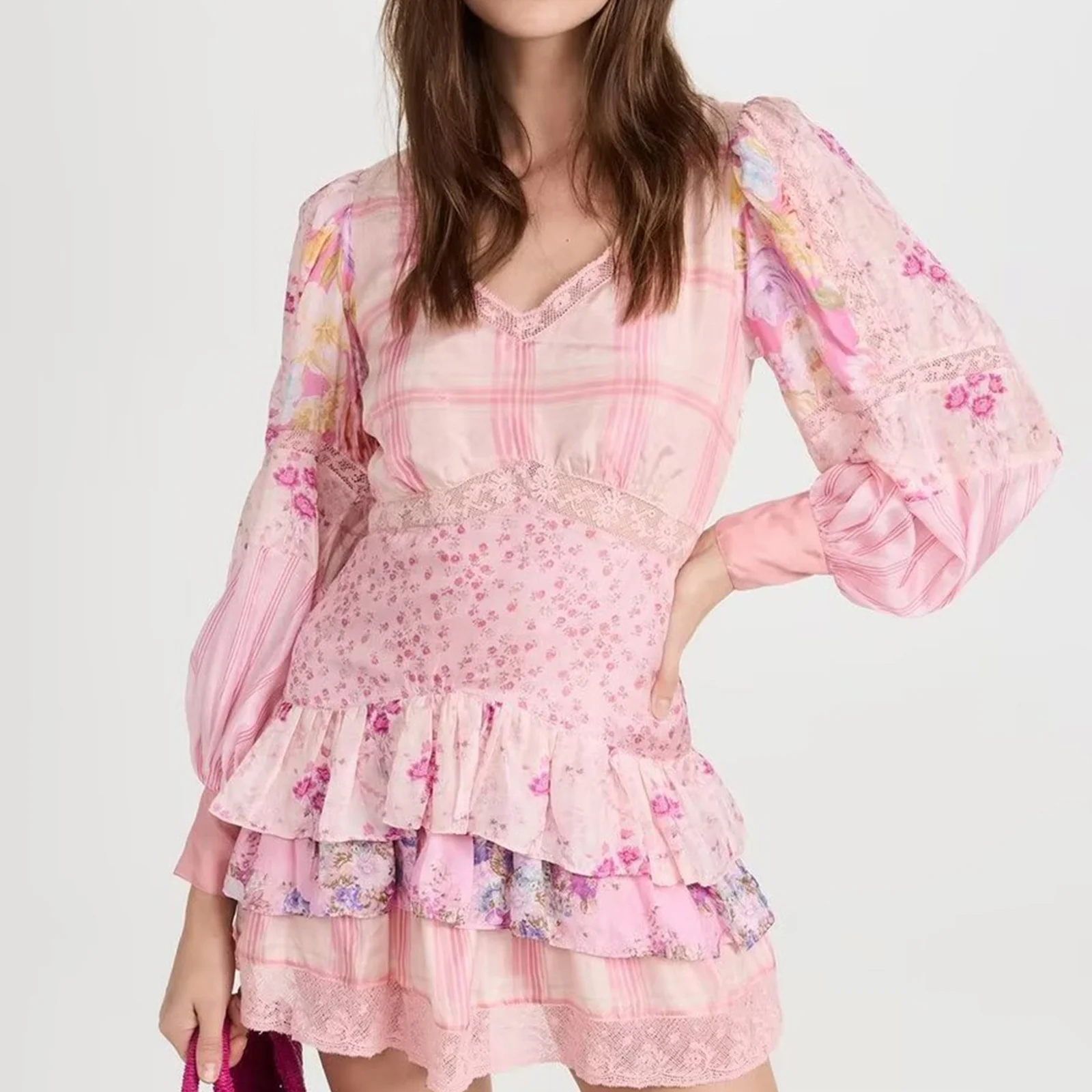Pink Floral Print Balloon Sleeve Tiered Mini Dress - Image 14