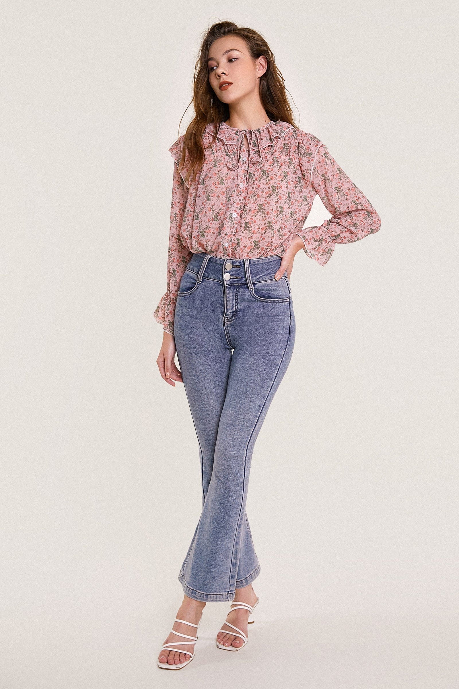Pink Floral Print Tie Detail Ruffled Chiffon Blouse - Image 4