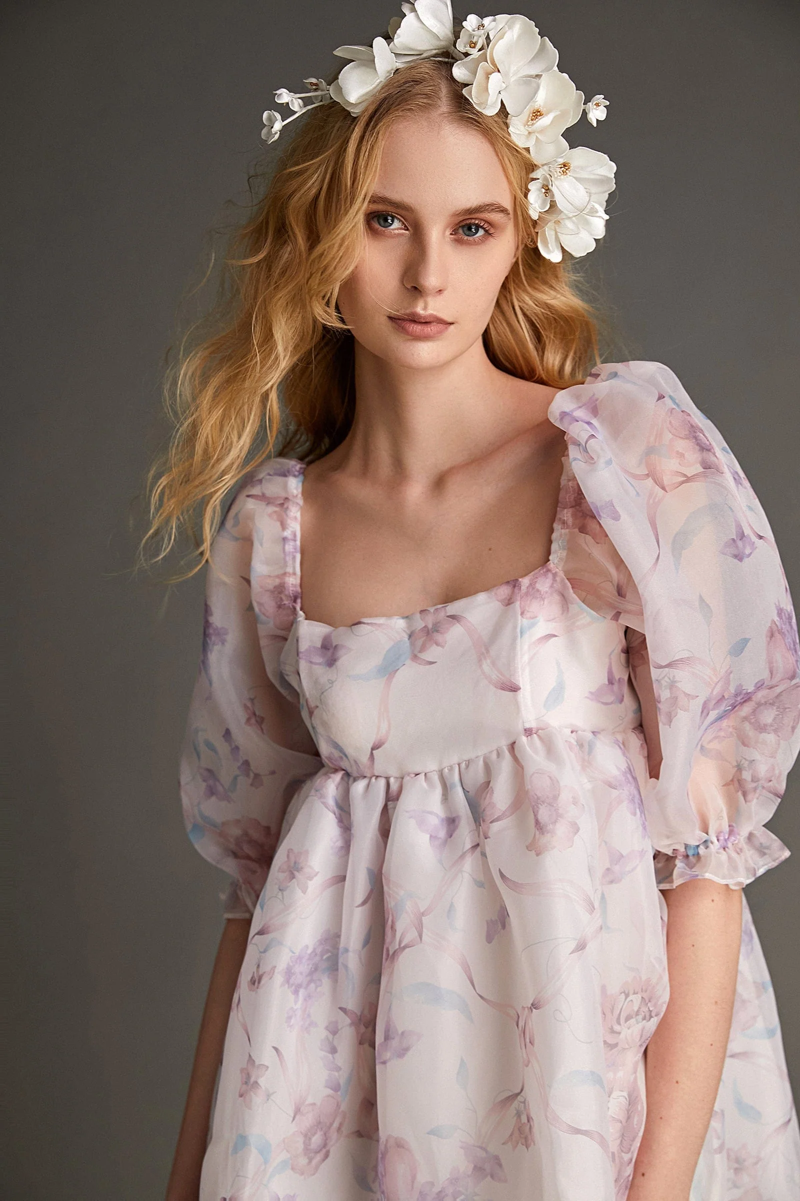 Plum Organza Floral Print Square Neck Puff Sleeve Babydoll Mini Dress - Image 3