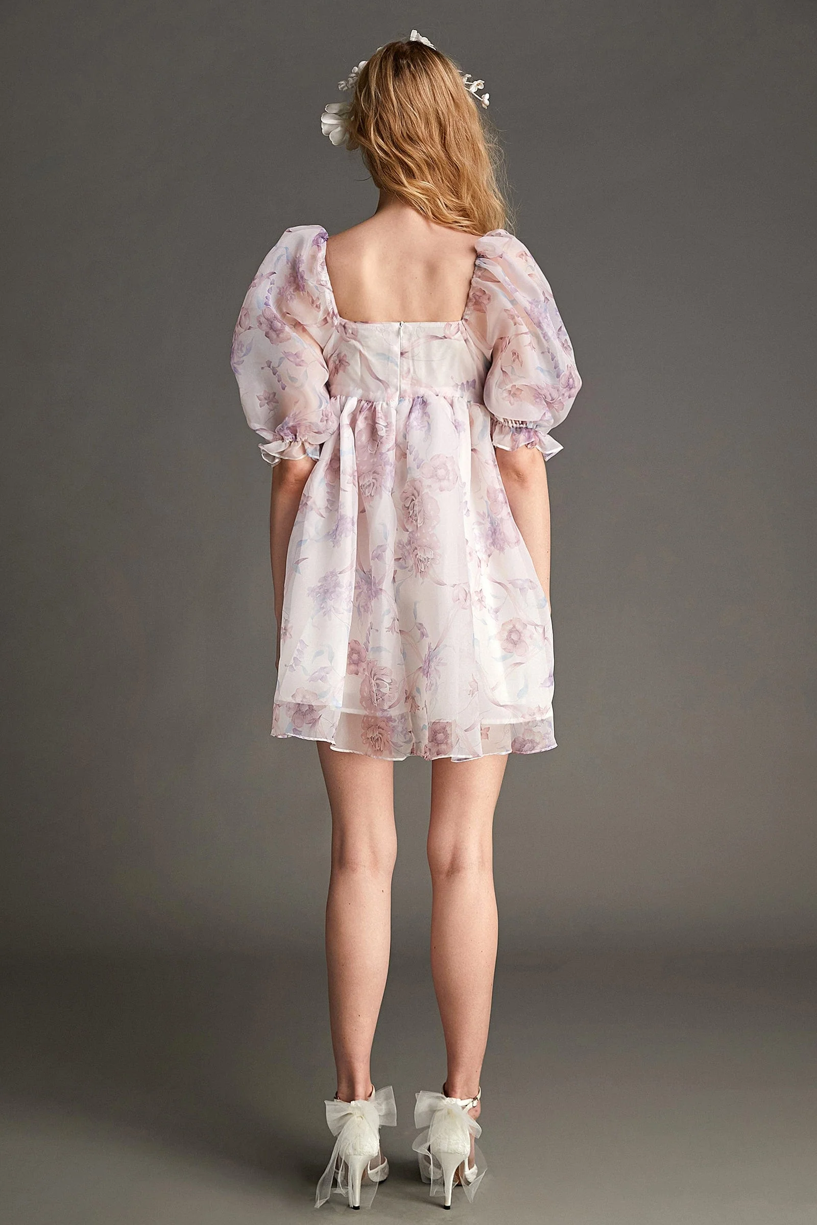 Plum Organza Floral Print Square Neck Puff Sleeve Babydoll Mini Dress - Image 4