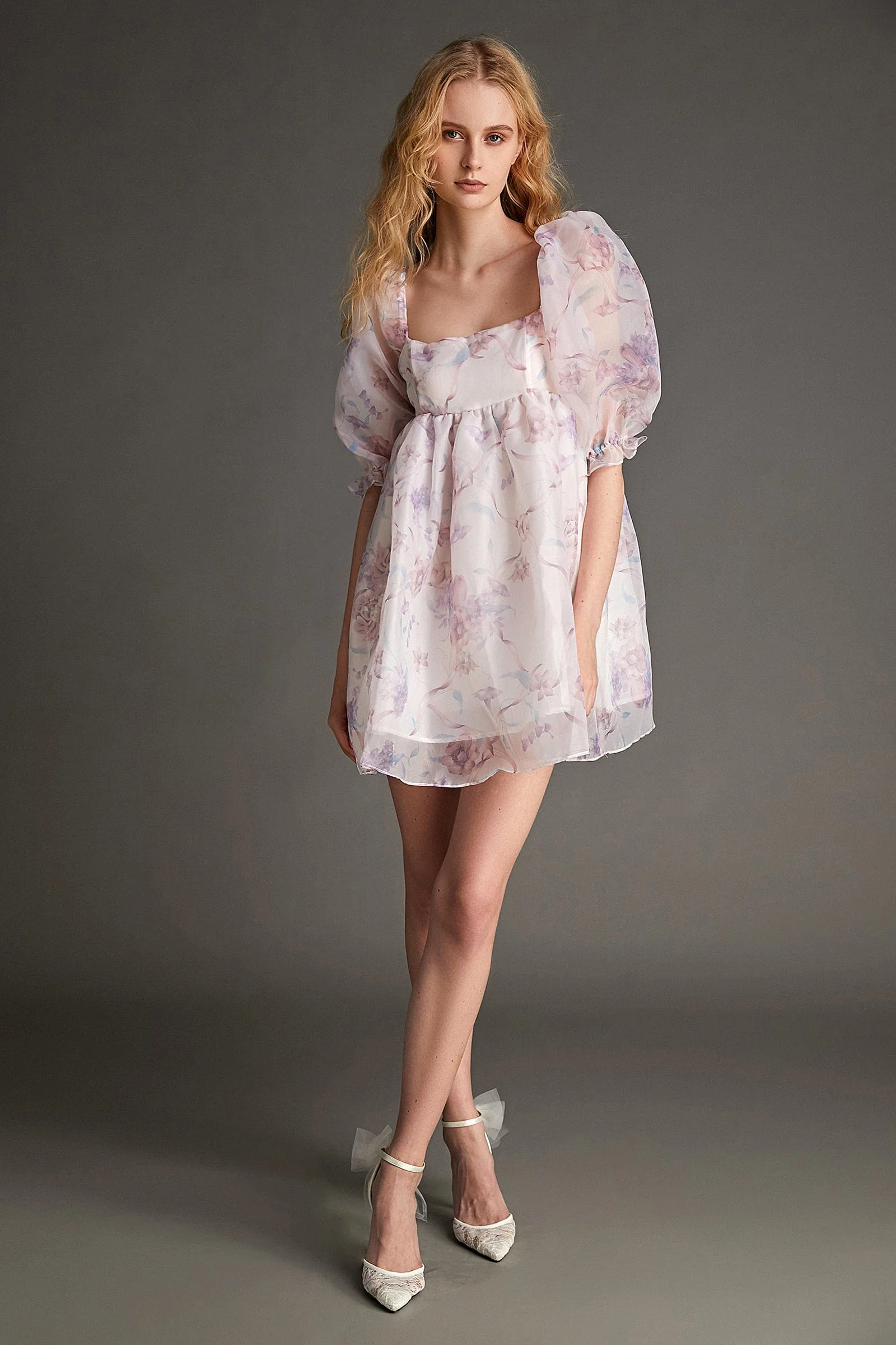 Plum Organza Floral Print Square Neck Puff Sleeve Babydoll Mini Dress - Image 6
