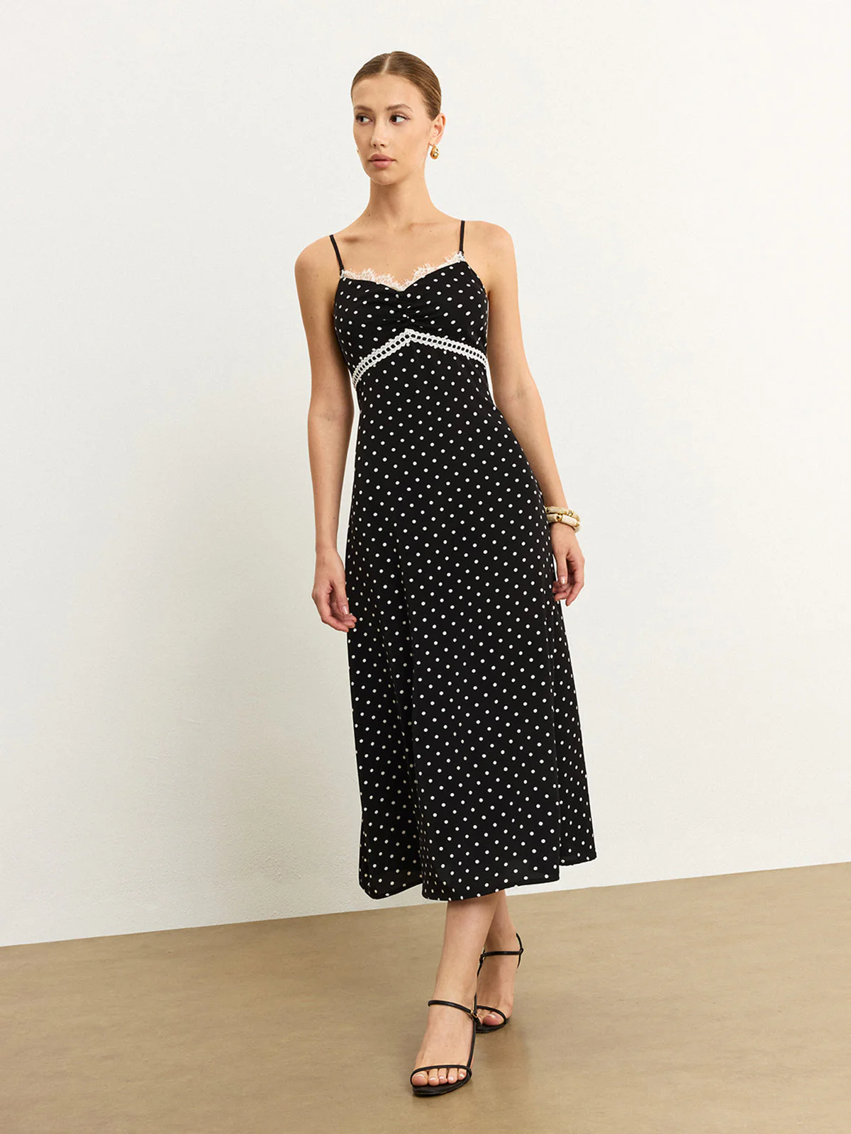 Polka Dot Lace Trim Midi Dress - Image 3