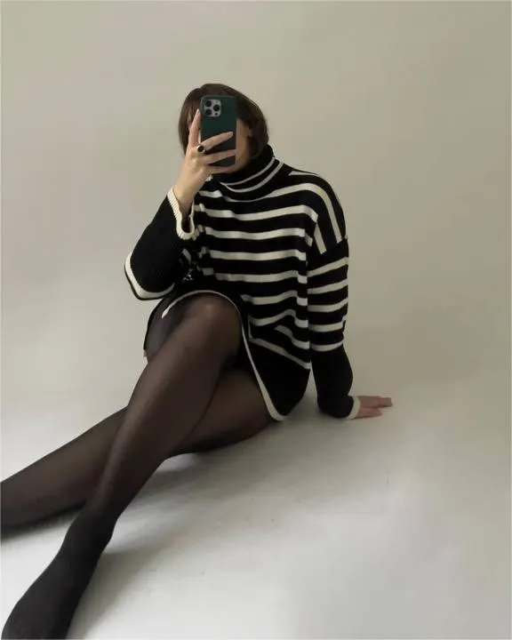 White Roll Neck Striped Ribbed Pullover Sweater - Image 14