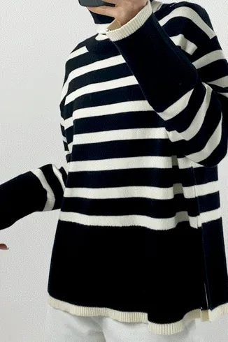White Roll Neck Striped Ribbed Pullover Sweater - Image 18