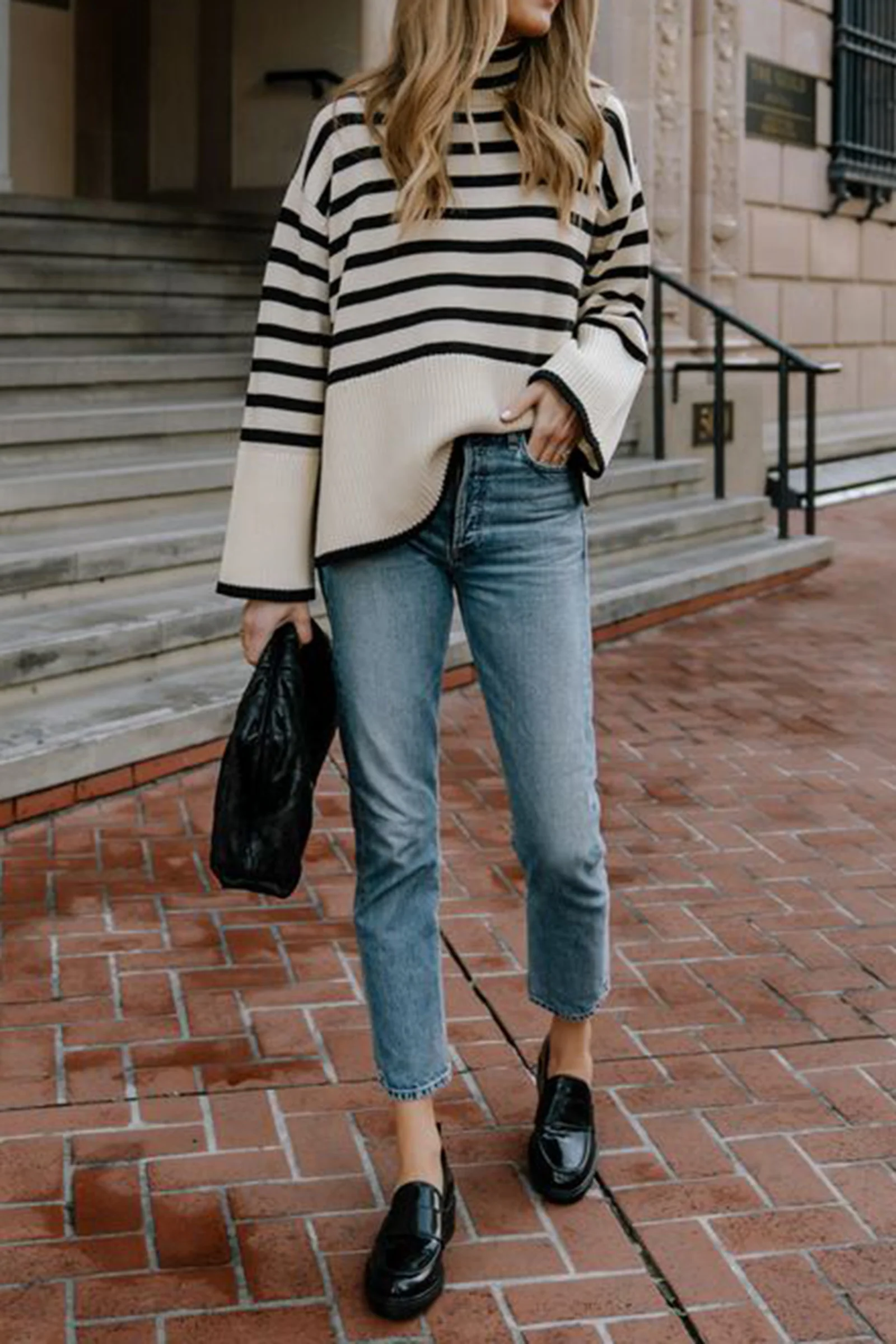 White Roll Neck Striped Ribbed Pullover Sweater - Image 3