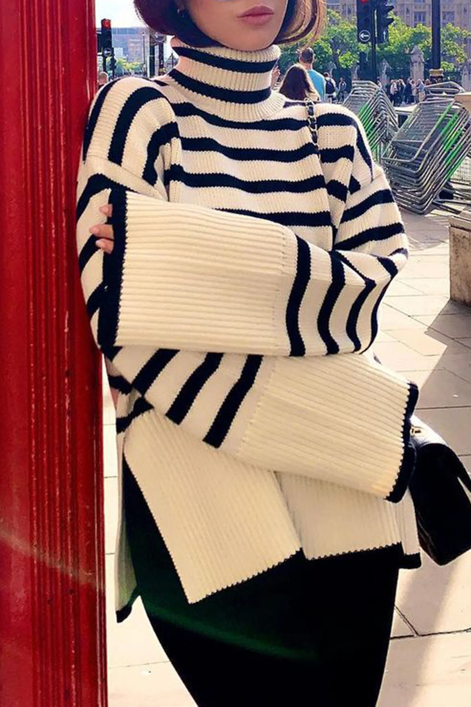 White Roll Neck Striped Ribbed Pullover Sweater - Image 4