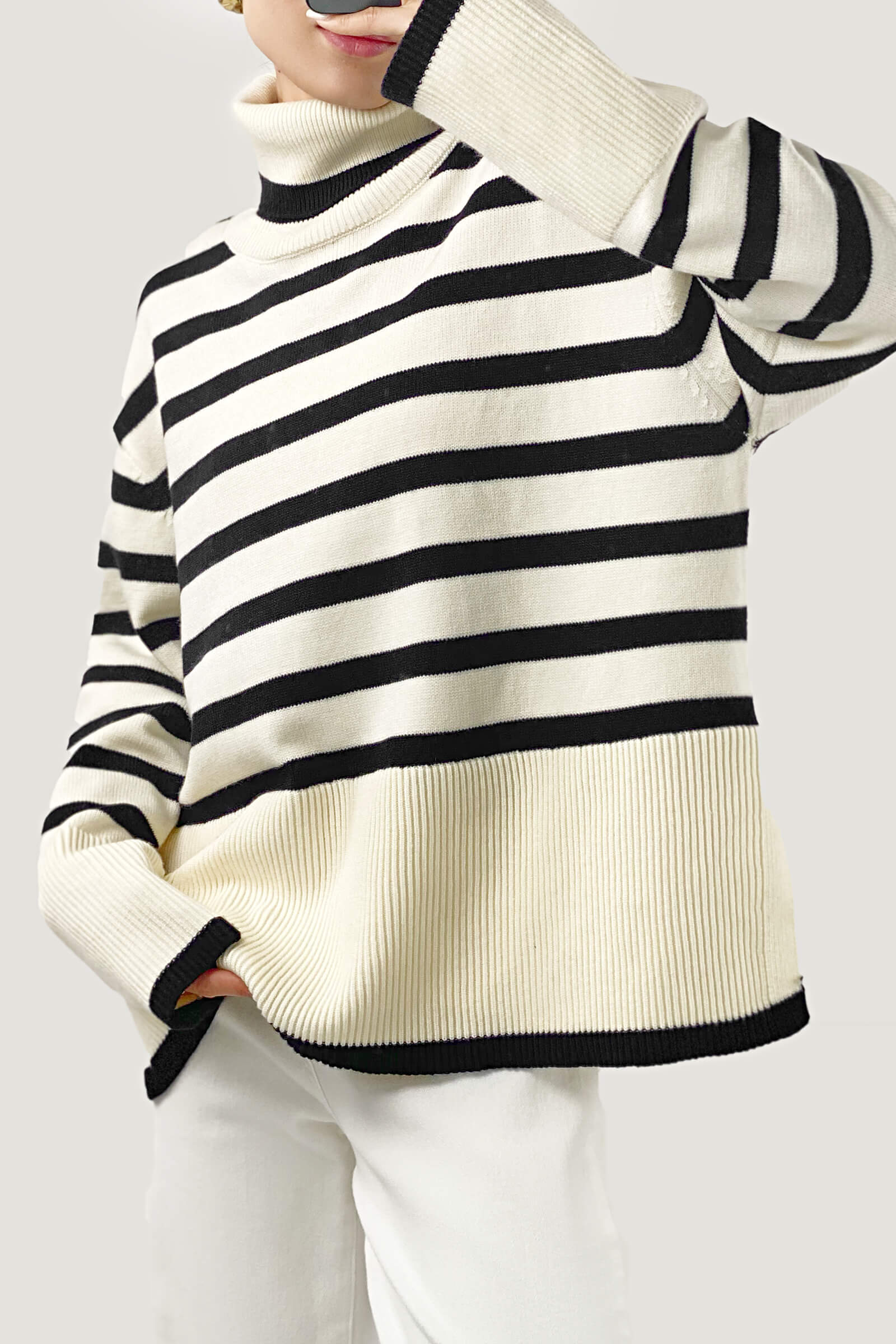 White Roll Neck Striped Ribbed Pullover Sweater - Image 5
