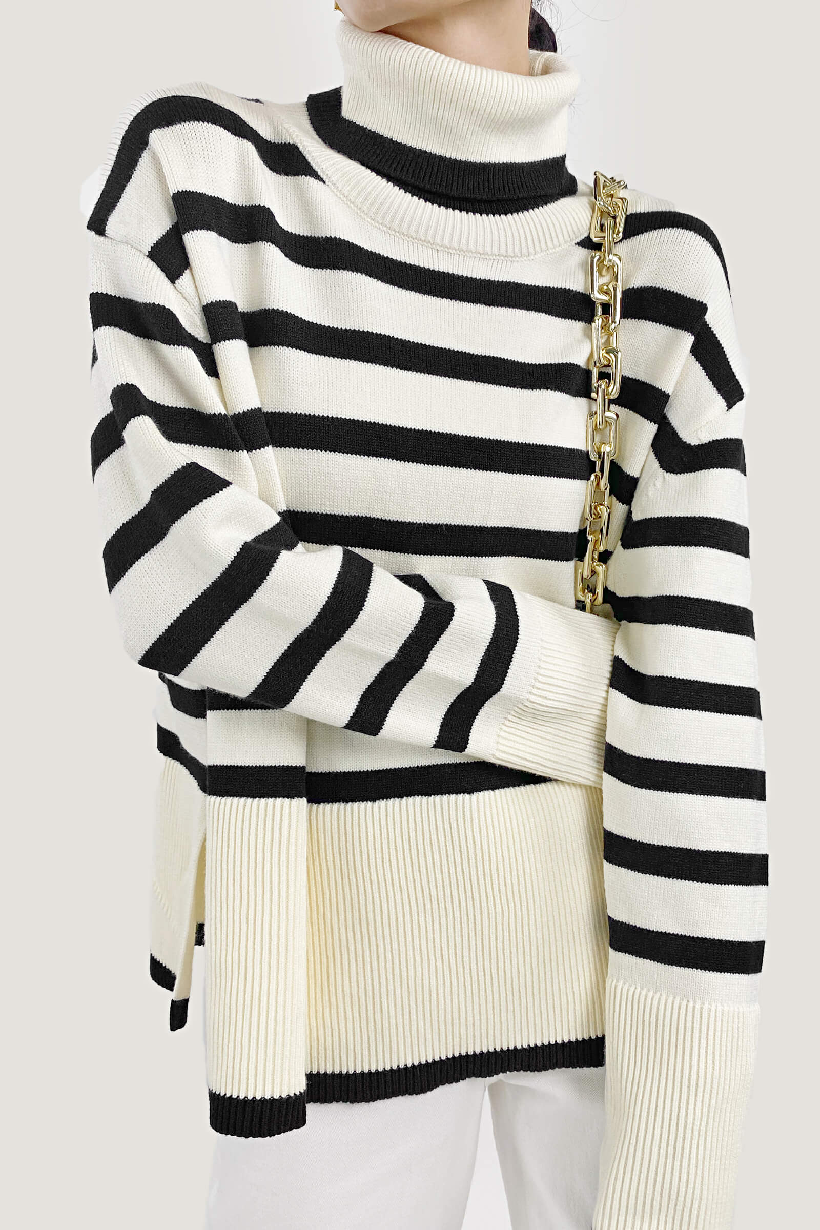 White Roll Neck Striped Ribbed Pullover Sweater - Image 8