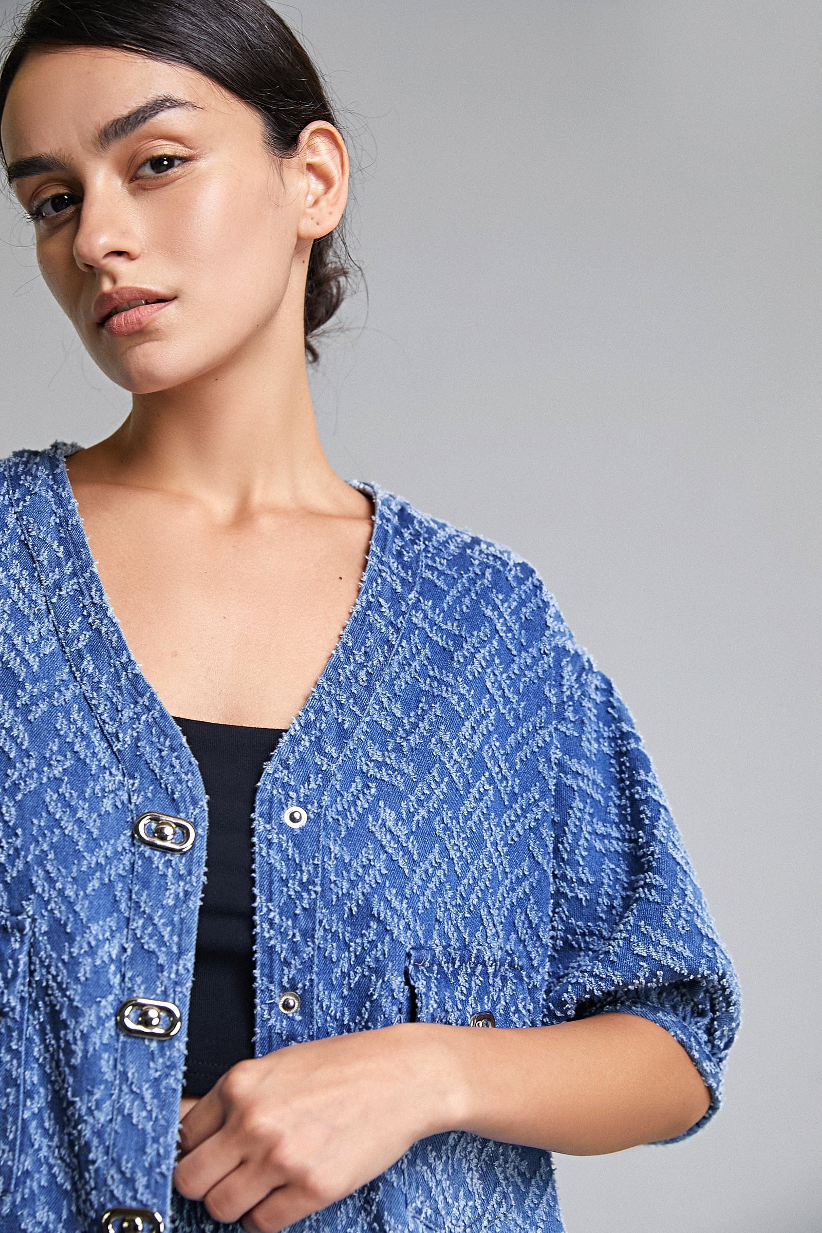Royal Blue Frayed Denim Longline Button-Up Top & Shorts Two-Piece Set - Image 2