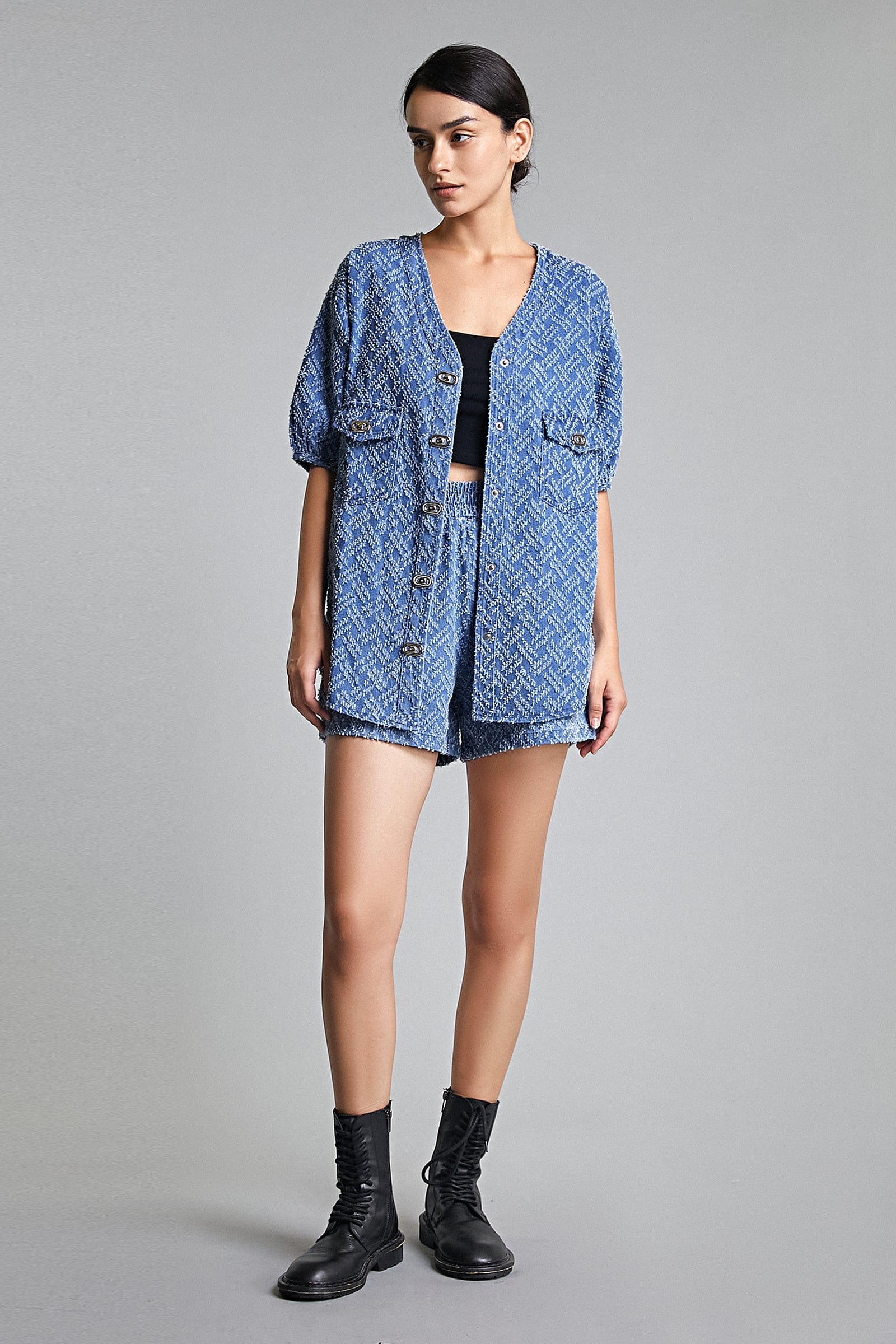 Royal Blue Frayed Denim Longline Button-Up Top & Shorts Two-Piece Set - Image 7