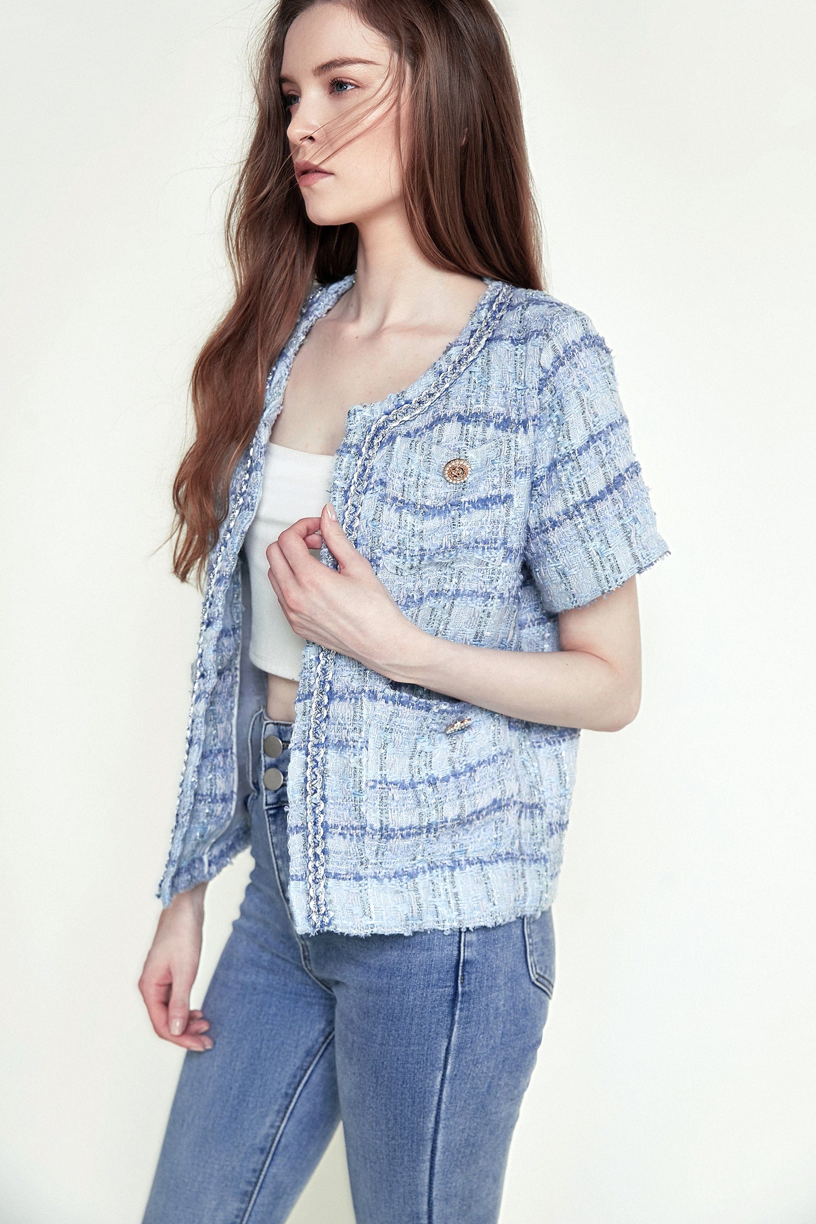 Royal Blue Pocket Front Tweed Jacket - Image 3