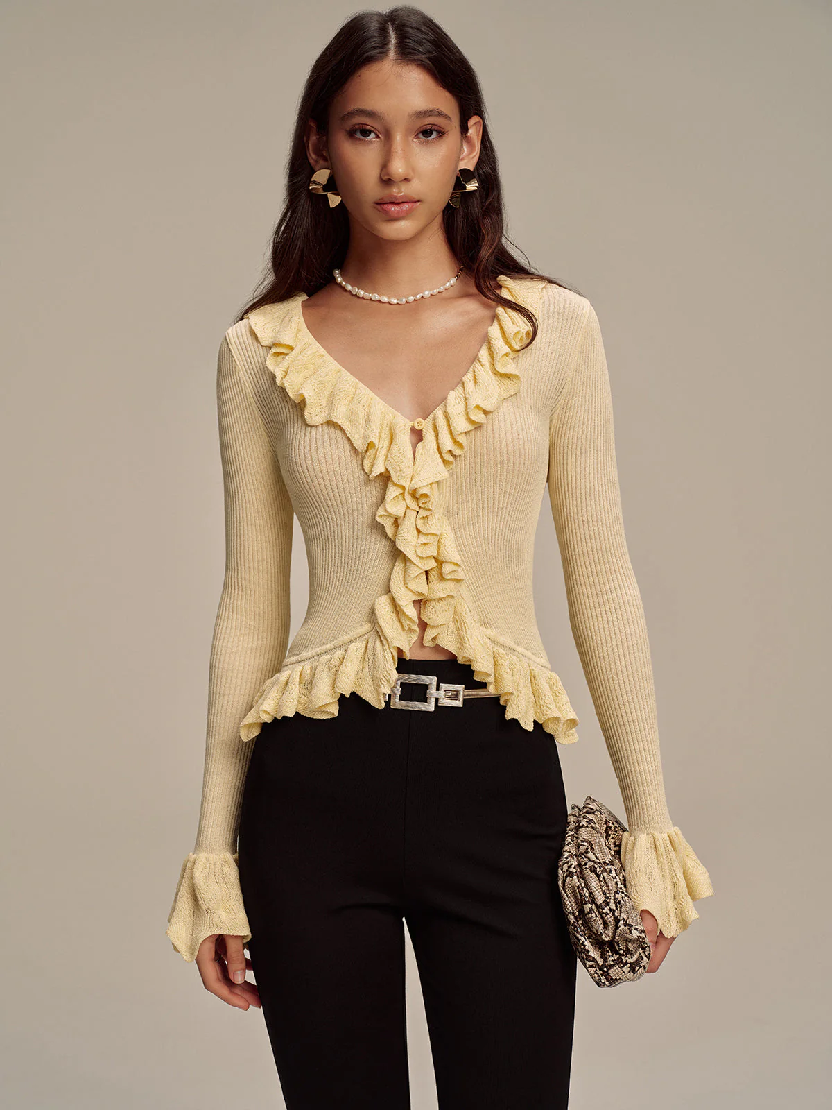 Ruffled V-Neck Knit Cardigan - Image 4
