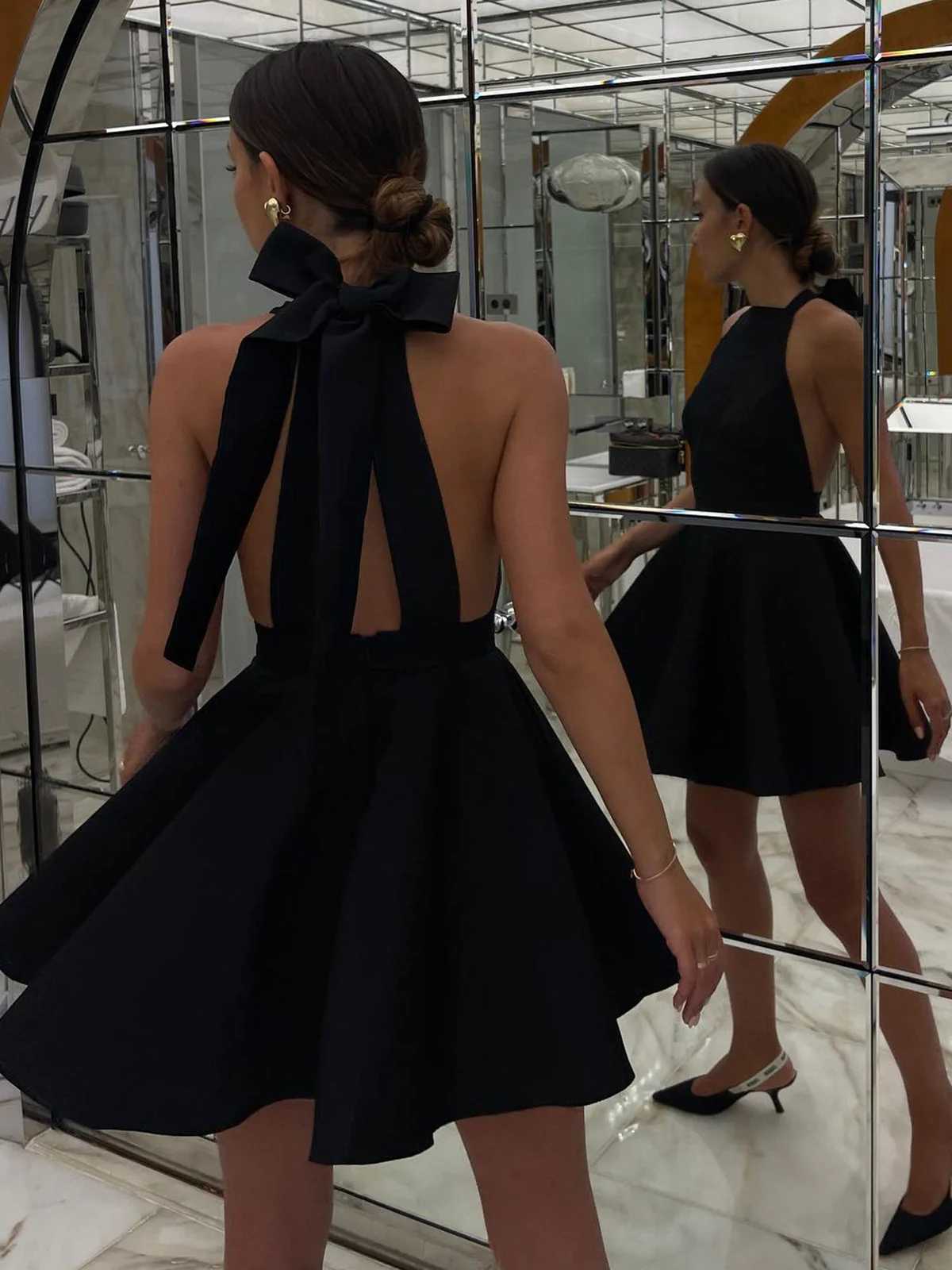 Satin Knotted Doule Pockets Open Back Pleated Mini Dress - Image 5