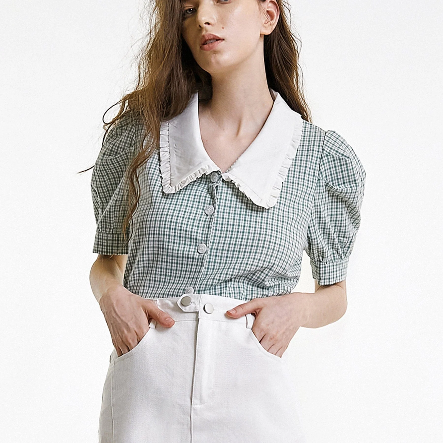 Sea Green Plaid Puff Sleeve Ruffled Statement Collar Shirt - Image 6