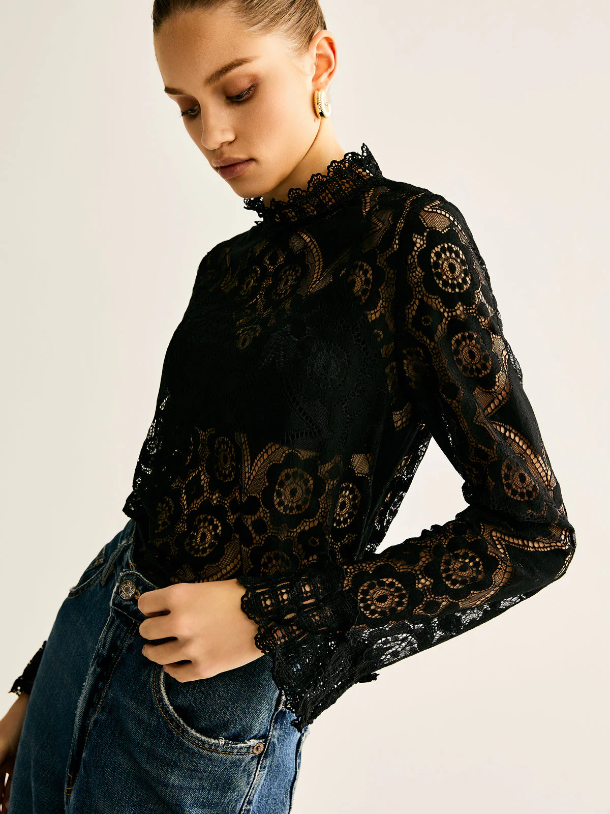 Semi-Sheer Lace Embroidery Floral Mock Neck T-Shirt - Image 5