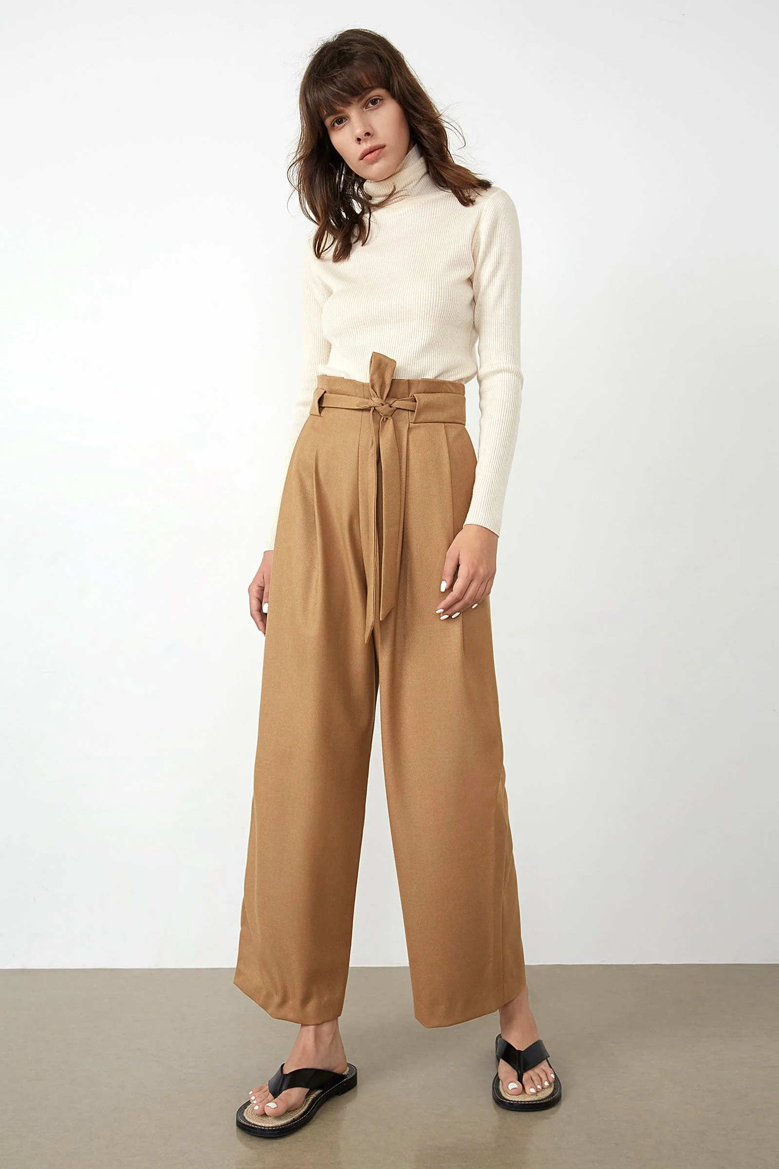 Solid Beige Premium Wool Turtleneck Sweater - Image 2