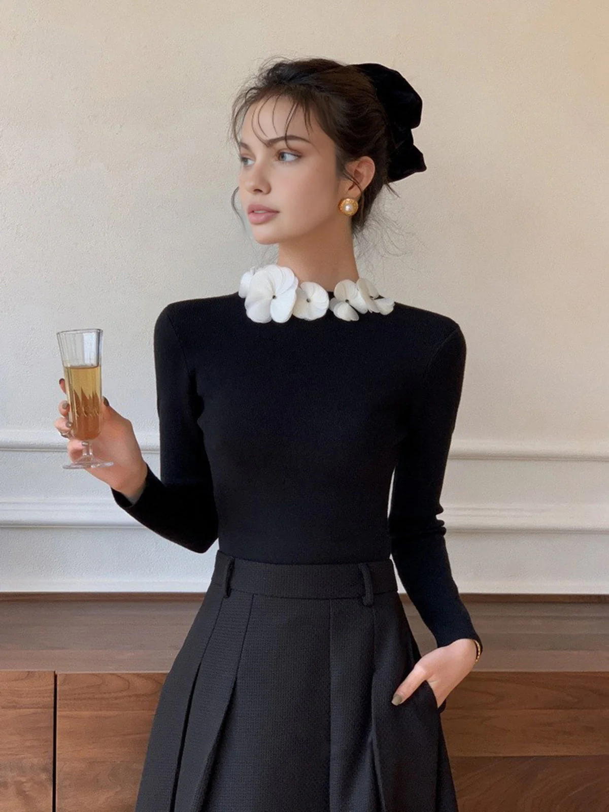 Solid Long Sleeve Floral Knit Top - Image 7