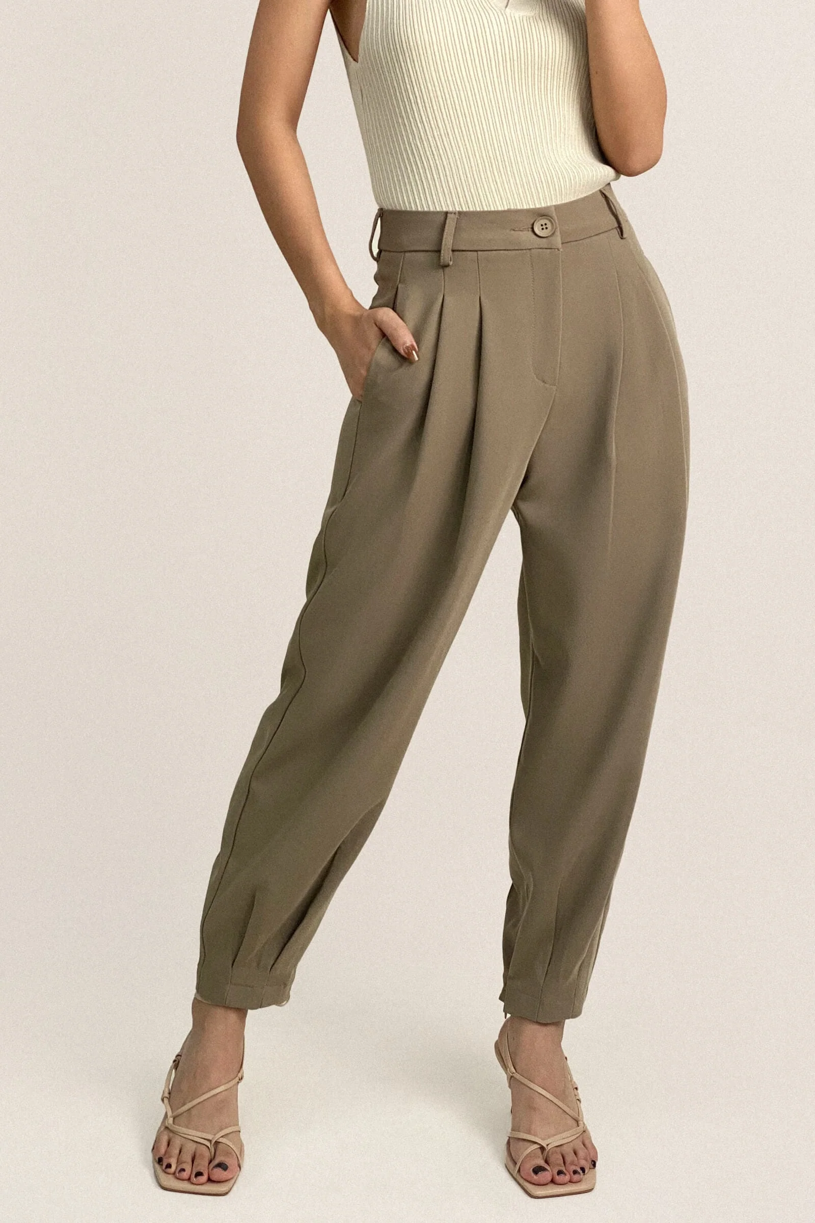Tan Barrel Leg High Rise Pants - Image 4