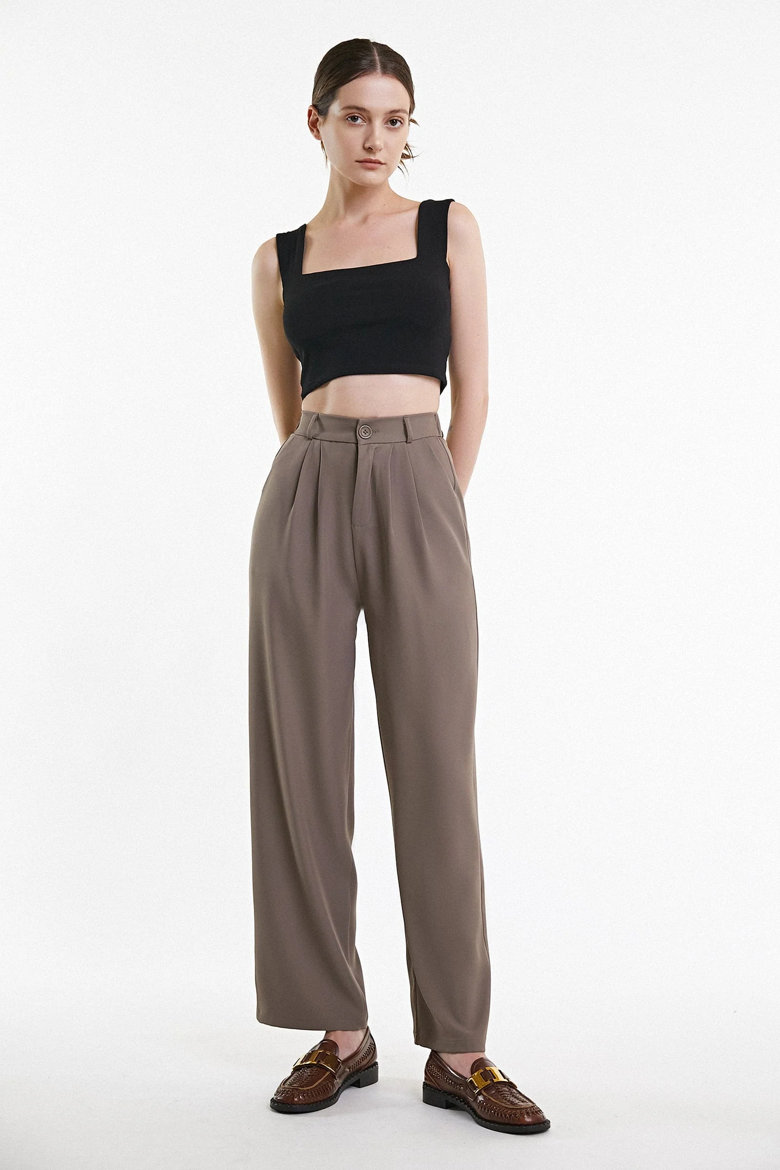 Tan Half Elastic Pleat Detail Wide Leg Suit Pants - Image 3