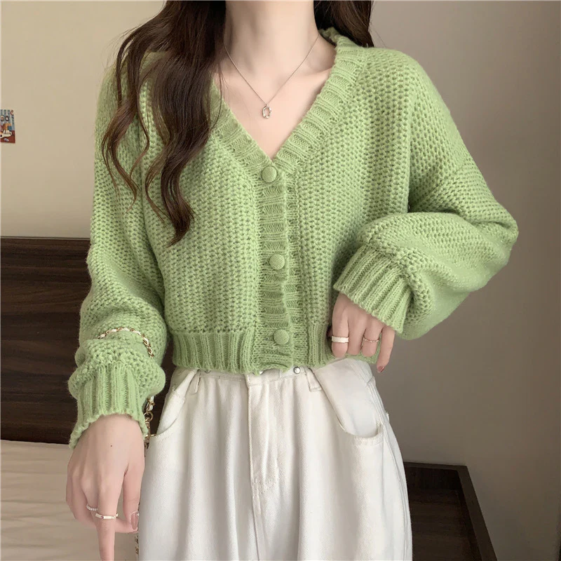 V-Neck Button Wool Blend Cable Knit Cardigan - Image 8