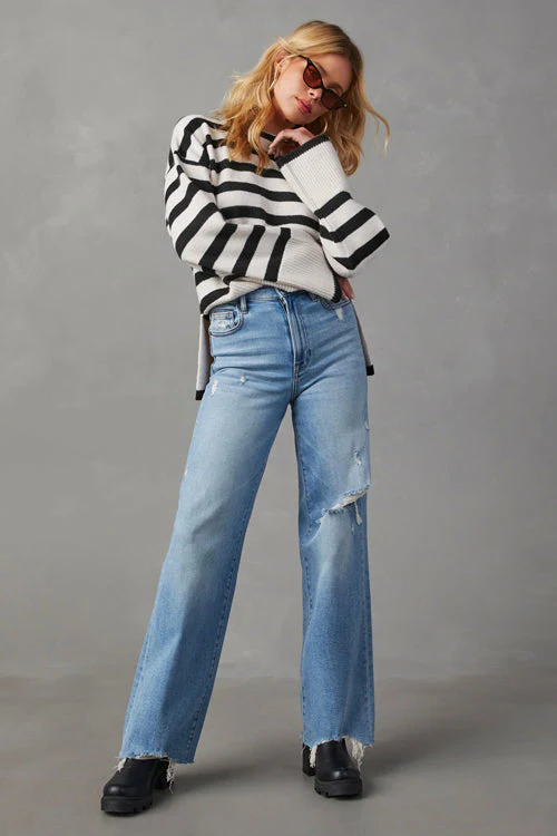 Warm Cozy Striped Long Sleeve Knit Sweater - Image 4