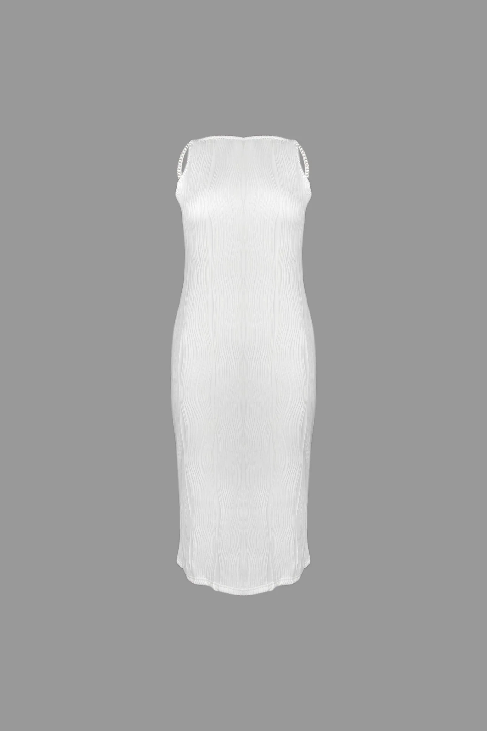 White Faux Pearl Strap Pleated Midi Dress - Image 7