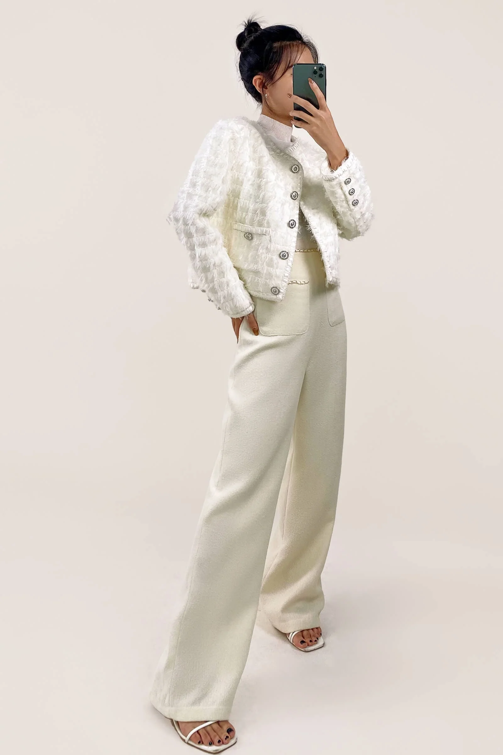 White Frayed Pocket Detail Round Neck Button-Up Tweed Jacket - Image 5