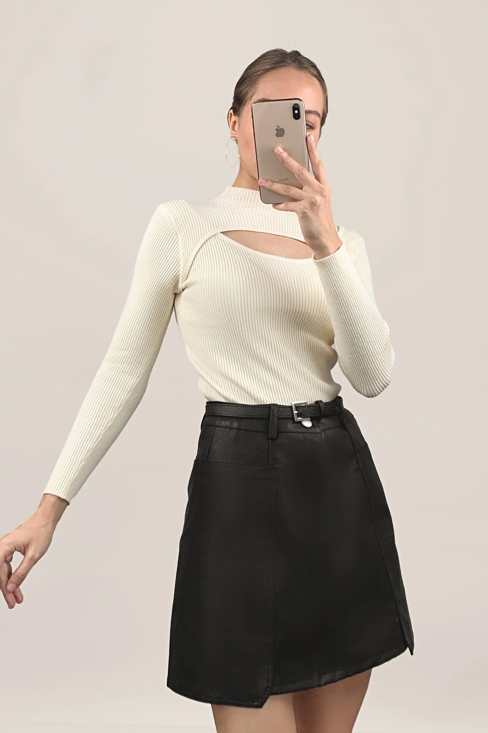 White Mock Neck Front Cut Out Ribbed Knit Sweater - Image 6
