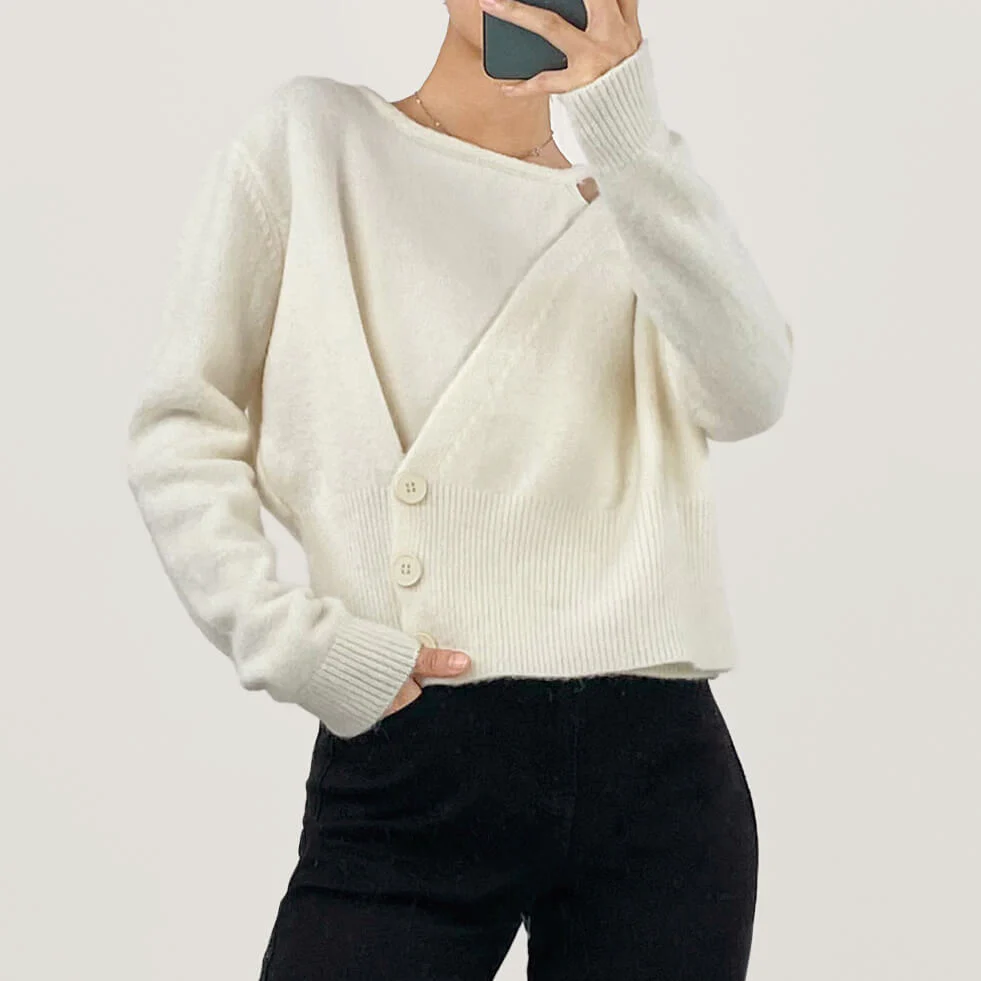 White Overlap Collar Knit Sweater - Image 8