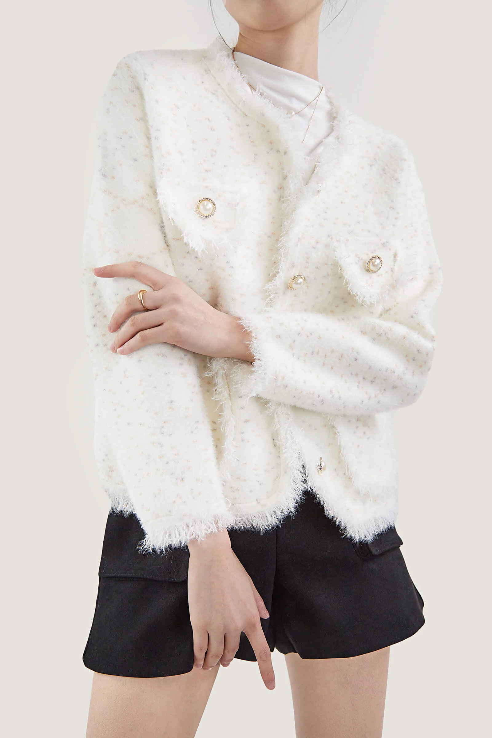 White Patched Pocket Frayed Trim Cardigan - Image 9