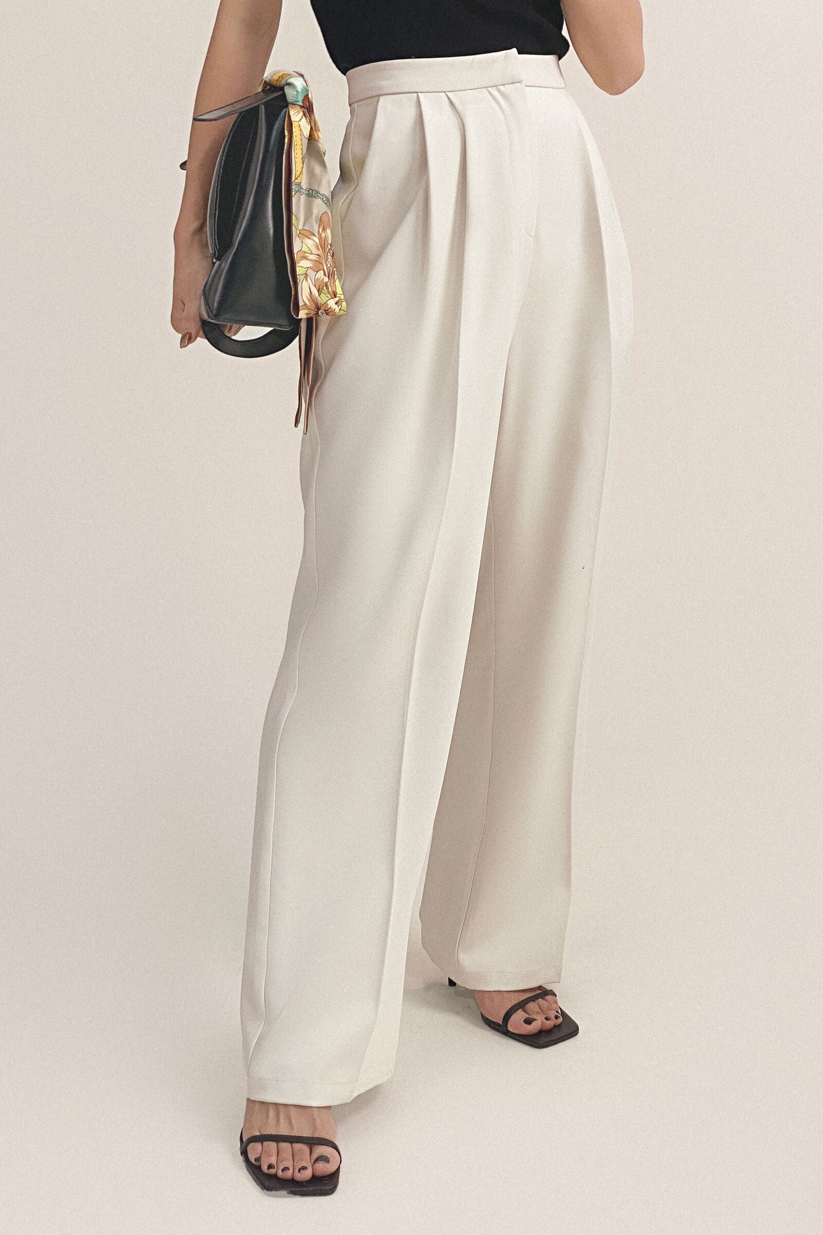 White Pleat Detail Wide Leg Work Pants - Image 8