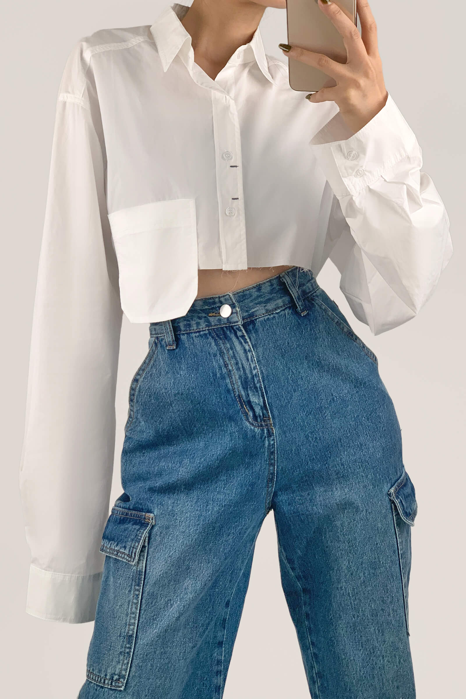 White Pocket Detail Cropped Shirt - Image 11