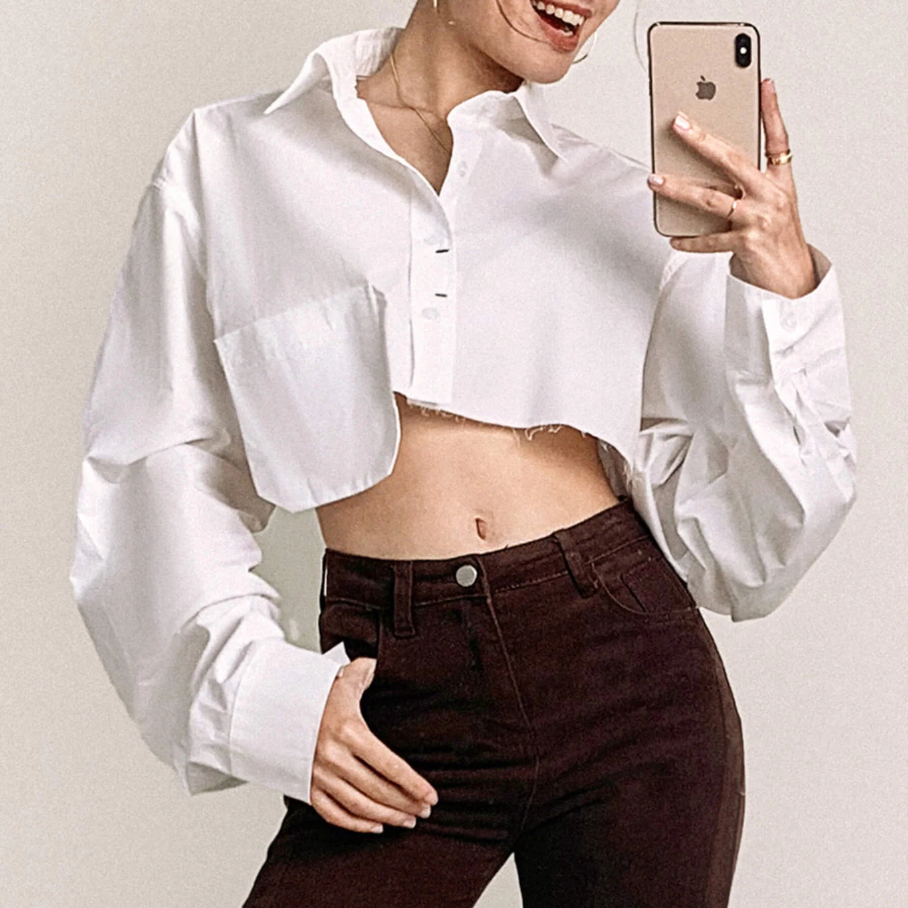 White Pocket Detail Cropped Shirt - Image 15