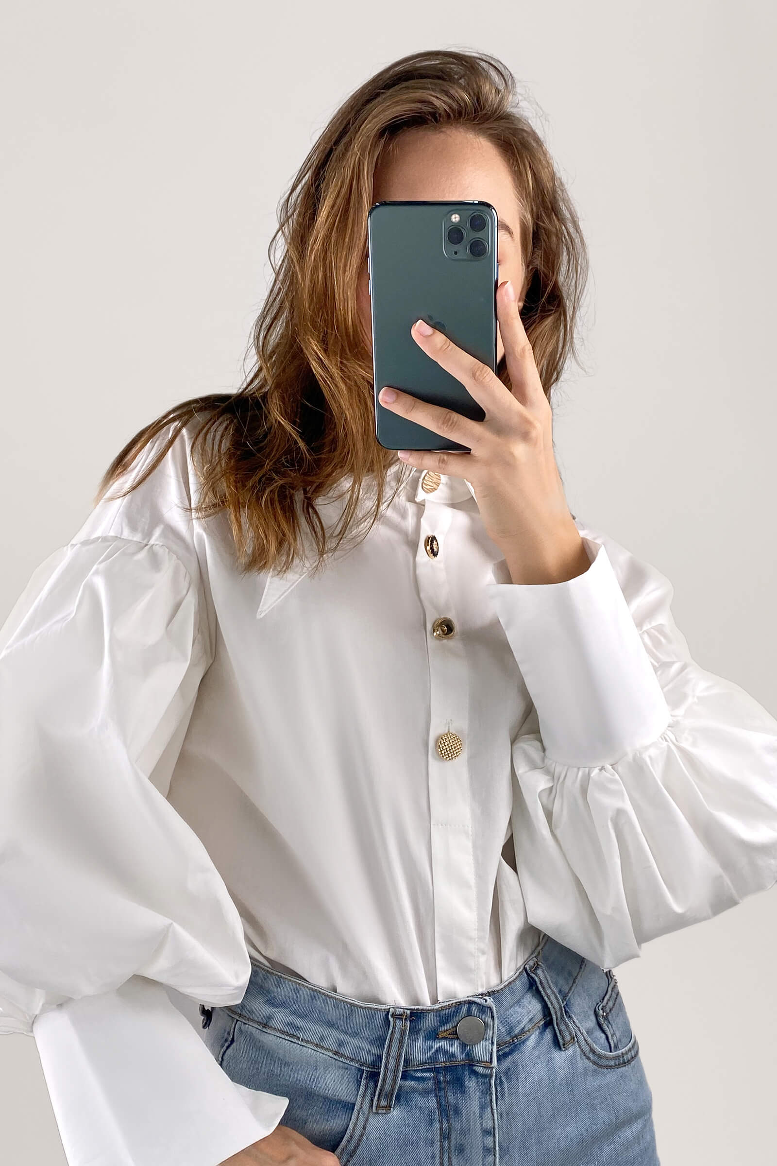White Pointed Collar Button Detail Lantern Sleeve Shirt - Image 7