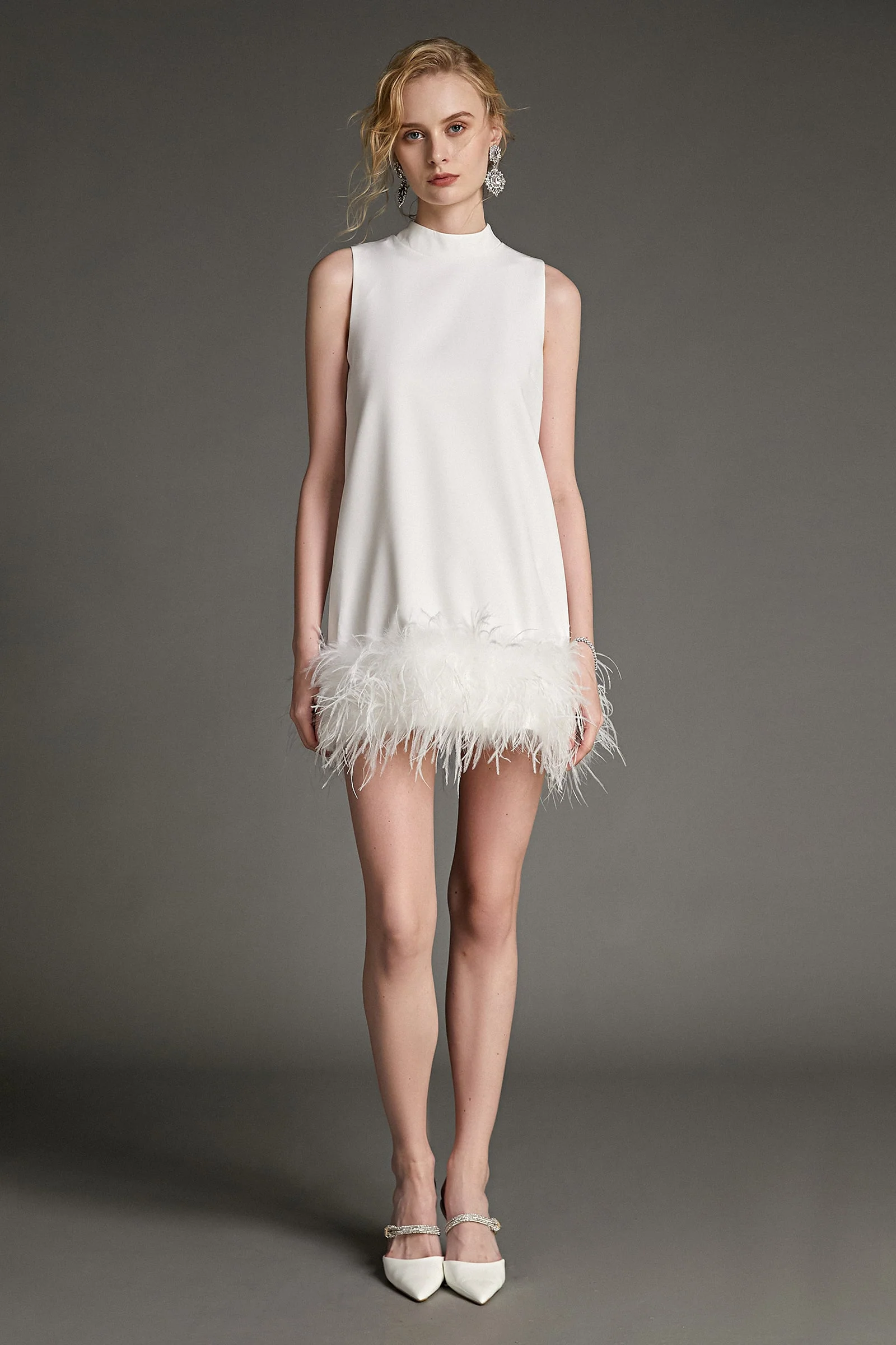 White Sleeveless Mock Neck Feather-Trimmed Mini Dress - Image 5