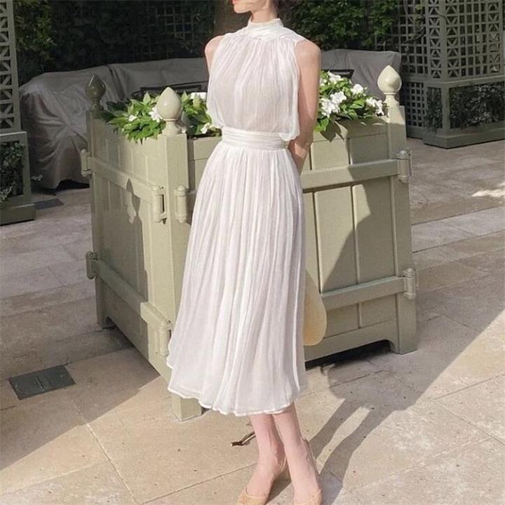 White Sleeveless Pleat Detail Spaghetti Strap Midi Dress - Image 11