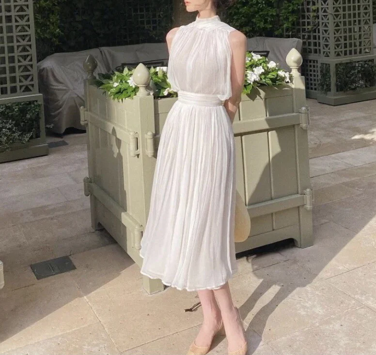 White Sleeveless Pleat Detail Spaghetti Strap Midi Dress - Image 9
