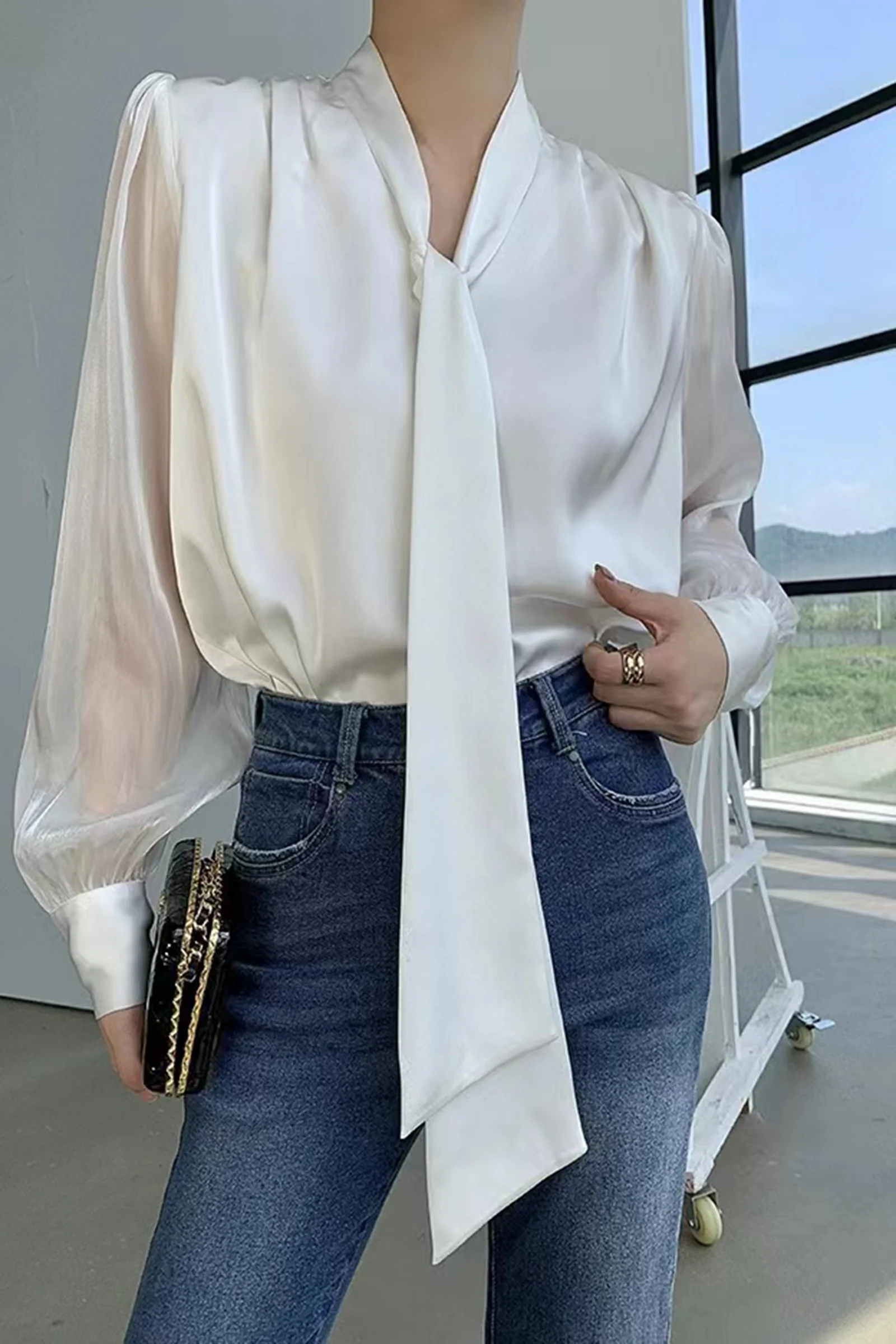 White Tie Lantern Sleeve Blouse - Image 3